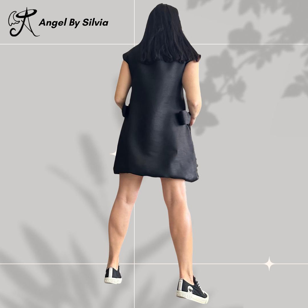 Black Linen Dress – Sleeveless Minimalist Tunic with Side Bows / Women’s Summer Shift Dress