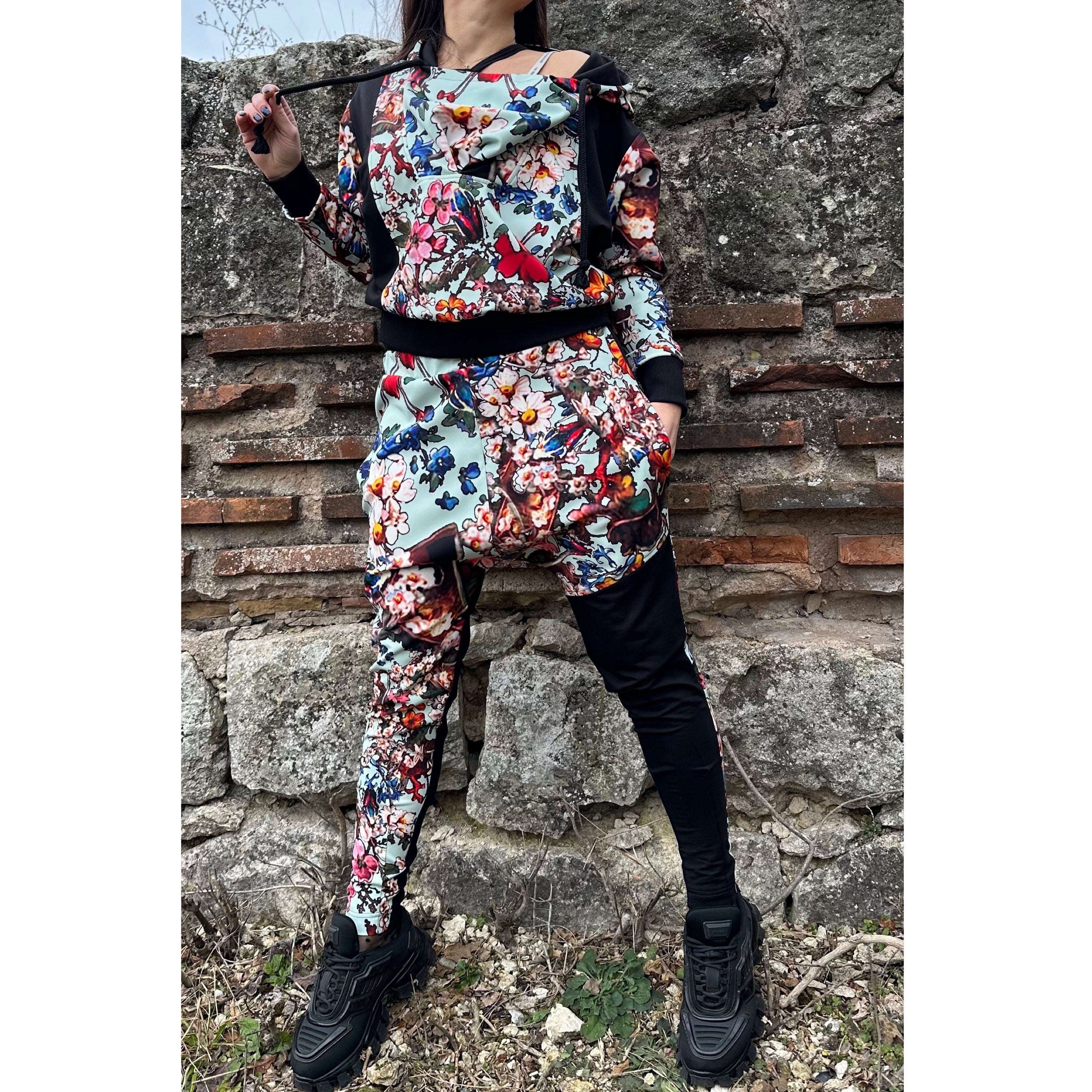 Women’s Neoprene Tracksuit – Hoodie and Joggers in Colorful Patchwork / Handmade Two-Piece  Аthleisure Set
