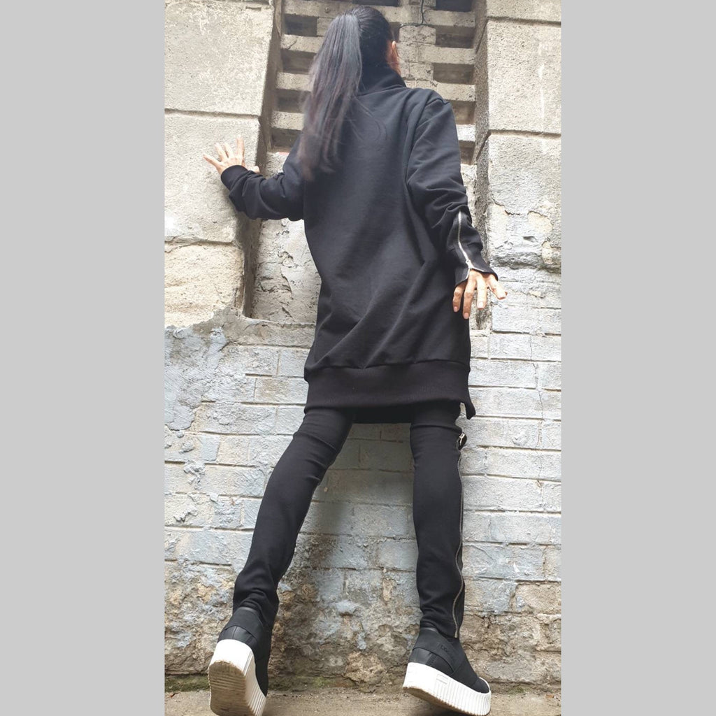 Asymmetric Black Cotton Tunic with Zipper / High Collar Long Blouse / Avant-Garde Urban Top for Women