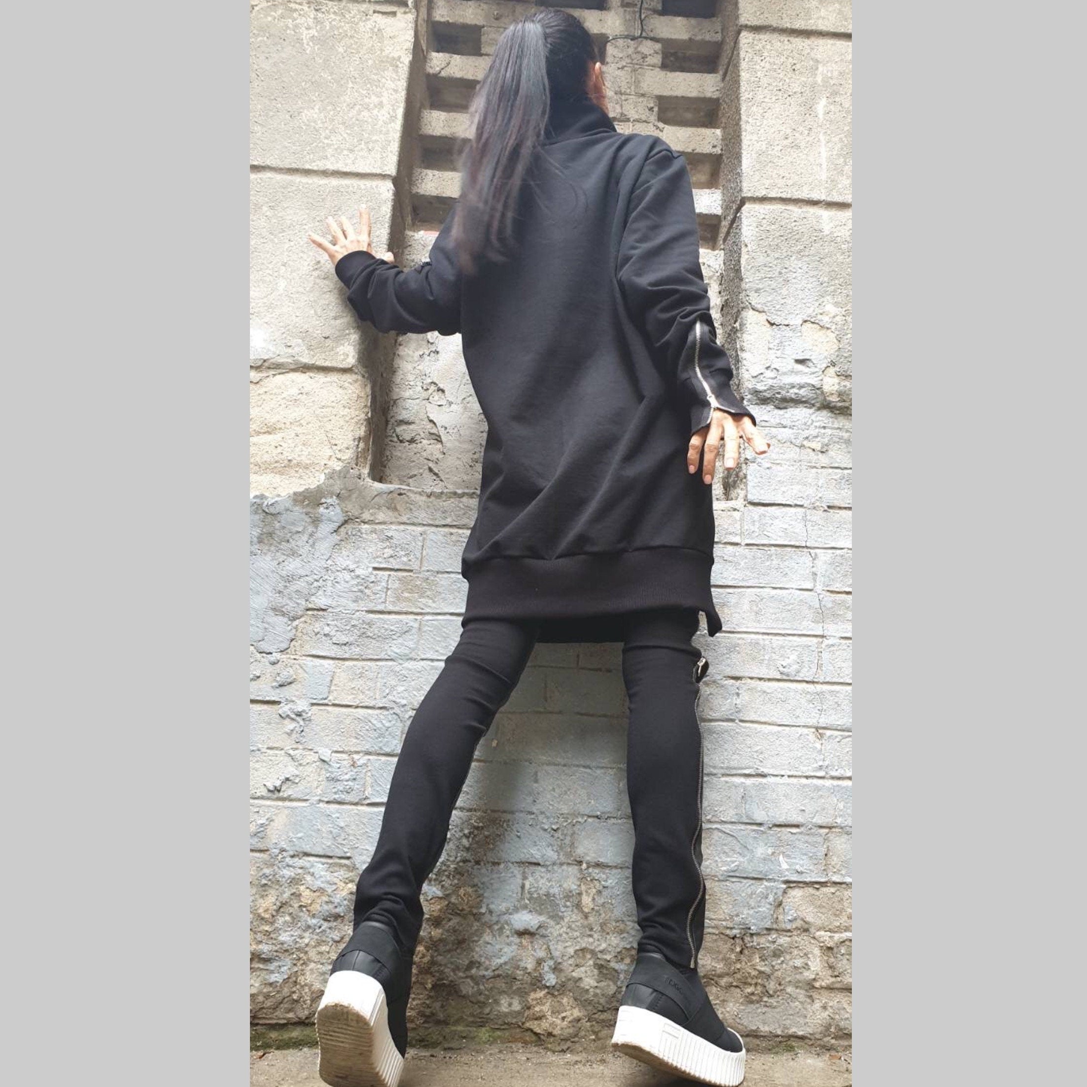 Asymmetric Black Cotton Tunic with Zipper / High Collar Long Blouse / Avant-Garde Urban Top for Women