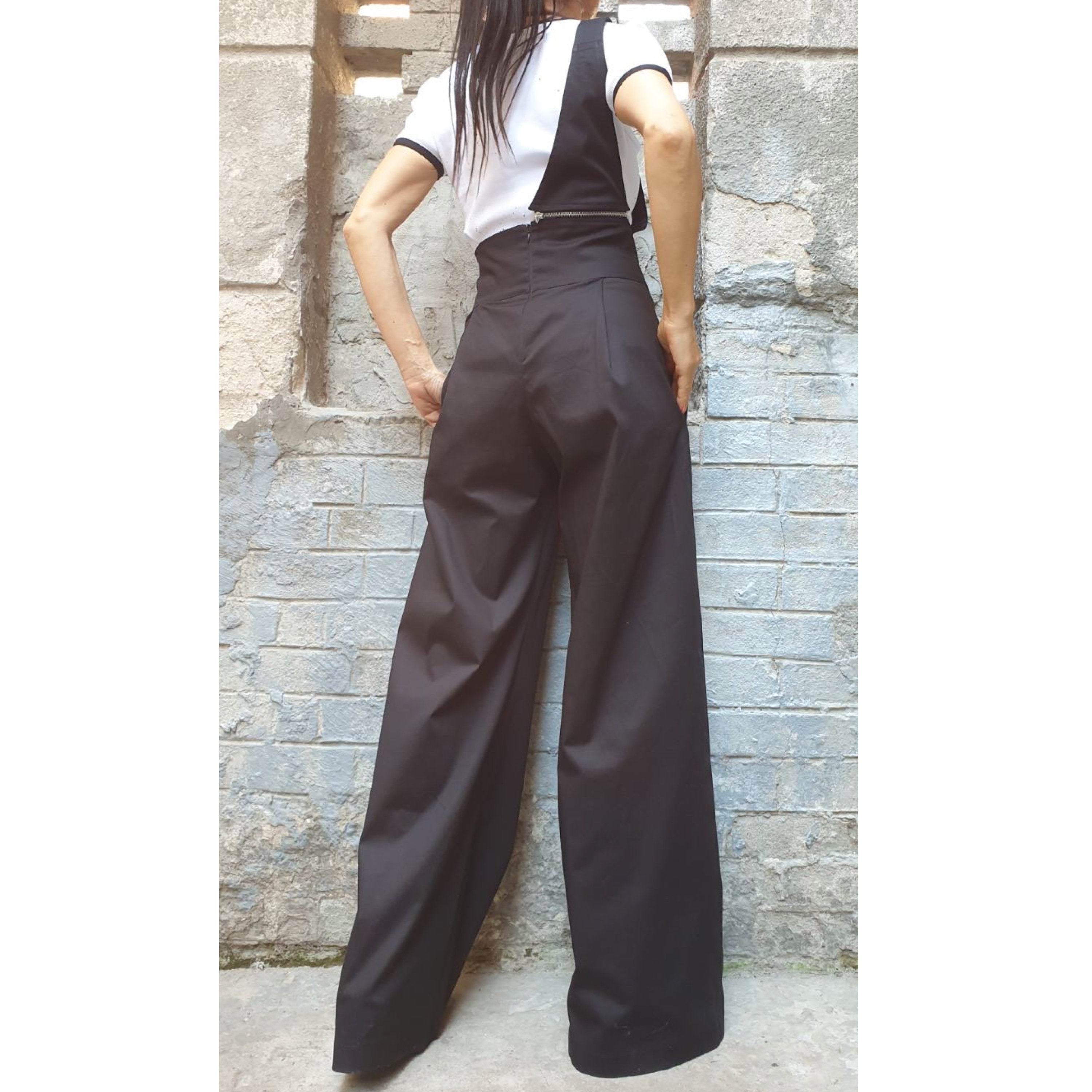 Black High Waist Wide Leg Pants – Asymmetrical Strap Detail, Designer Cotton Trousers with Pockets