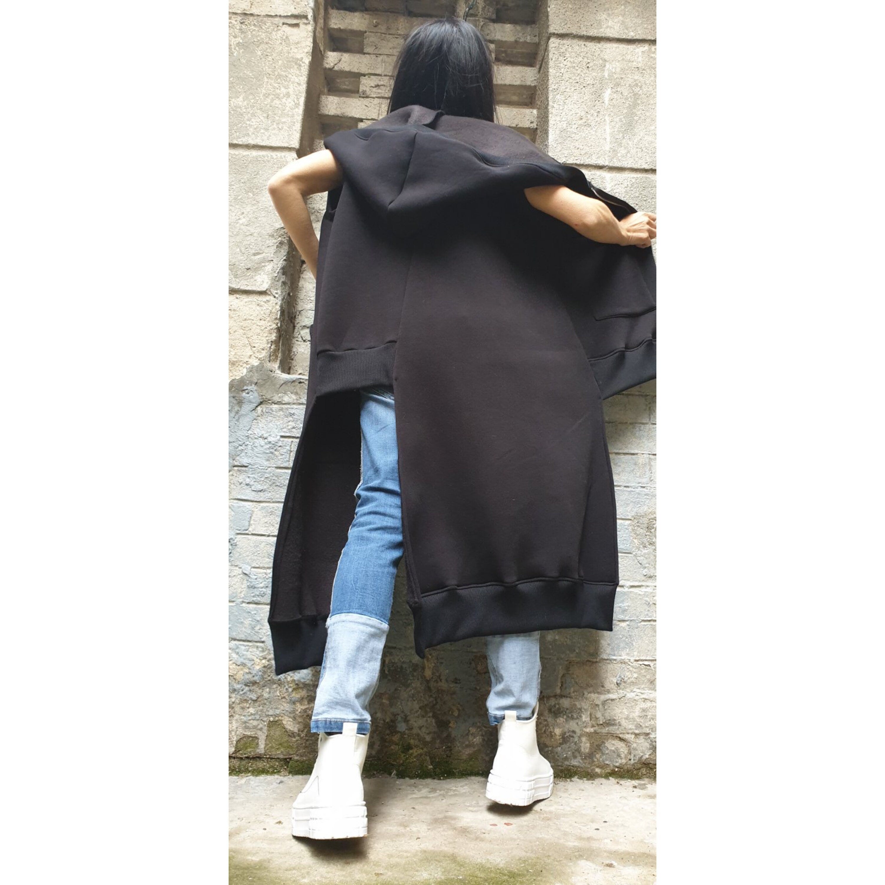 Asymmetric Hooded Vest – Long Sleeveless Fleece Coat with Zipper and Front Pockets