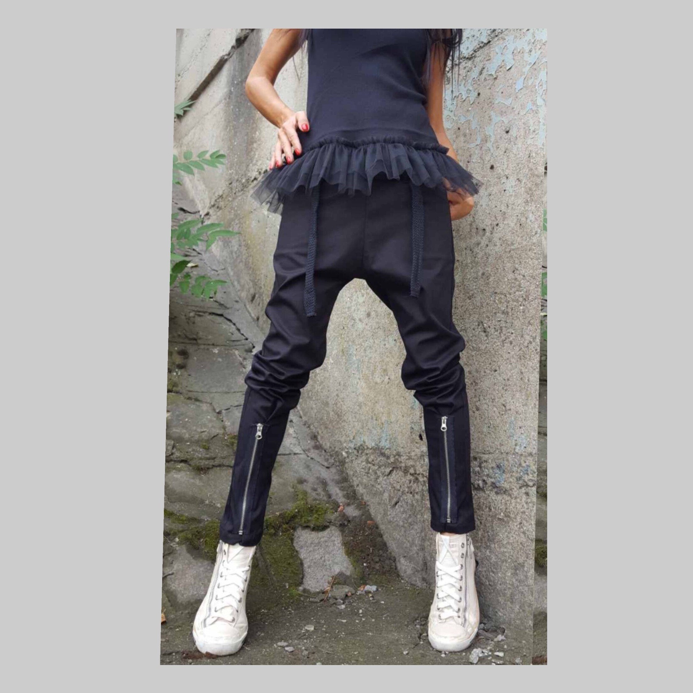 Black Drop-Crotch Cotton Pants – Women’s Relaxed Fit Trousers with Front Zippers, Cord Detail & Elastic Waist / Minimalist Streetwear