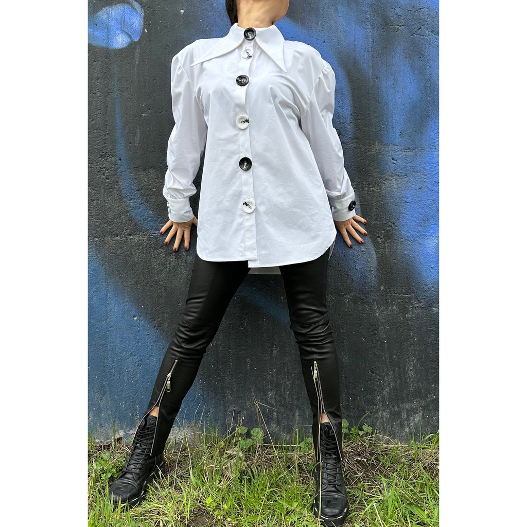 Extravagant White Cotton Shirt: Long Sleeve High Neck Button Shirt