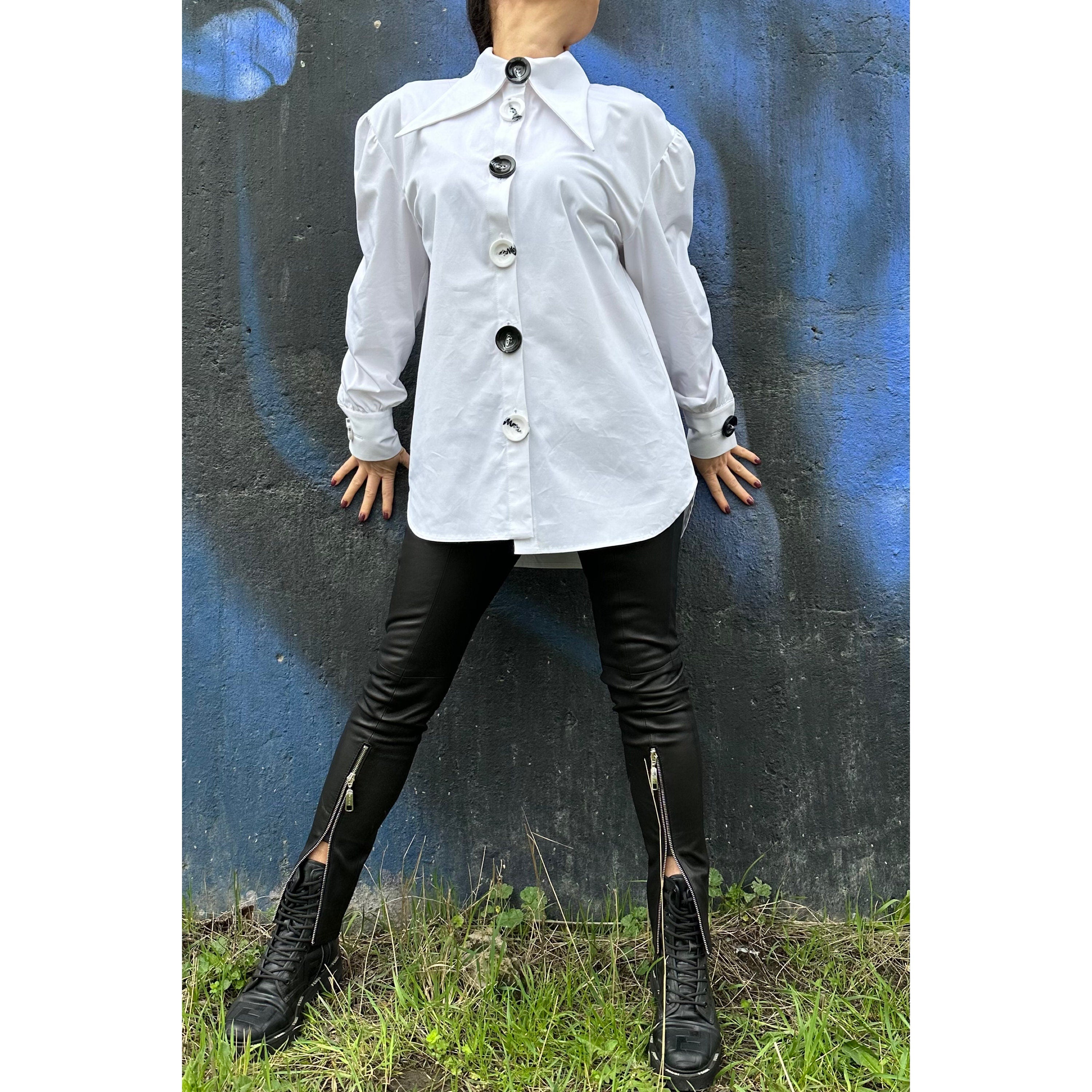 Extravagant White Cotton Shirt: Long Sleeve High Neck Button Shirt