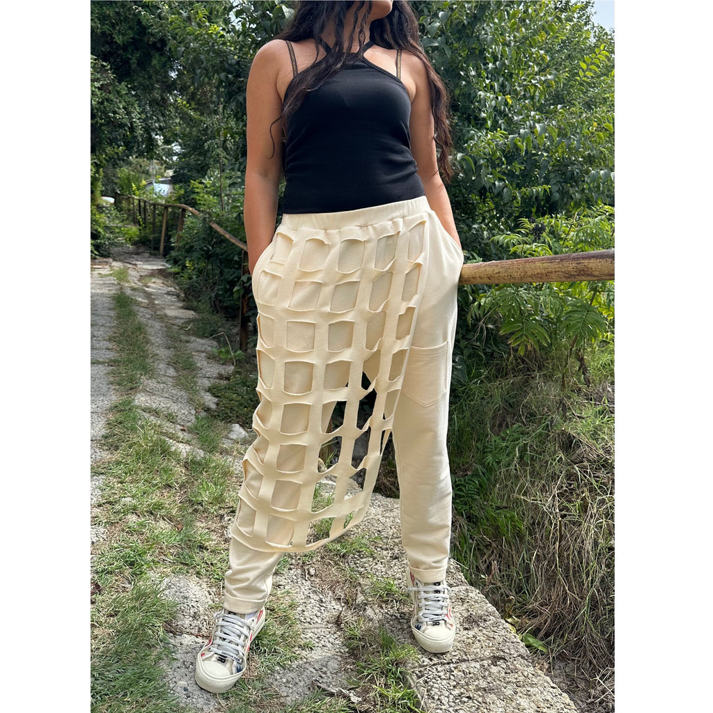 Hand-Cut Cotton Sweatpants – Artistic Grid Design with Elastic Waist and Pockets