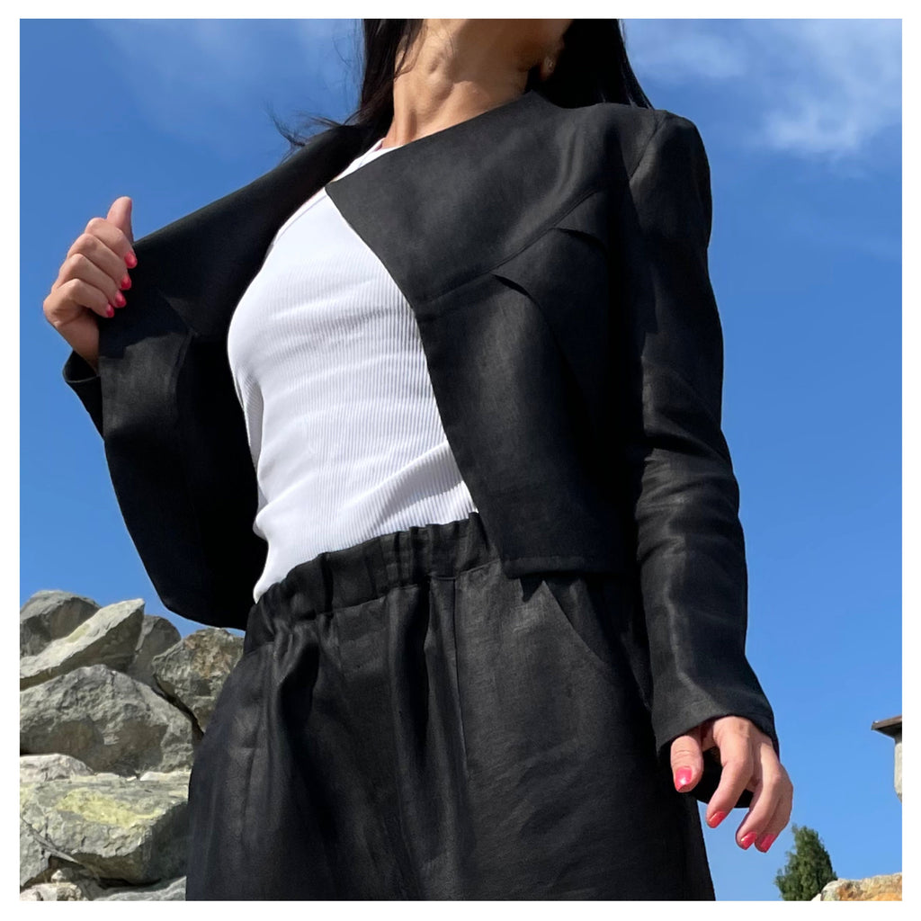 Short Black Linen Jacket with Long Sleeves – Designer Front-Gathered Open Blazer