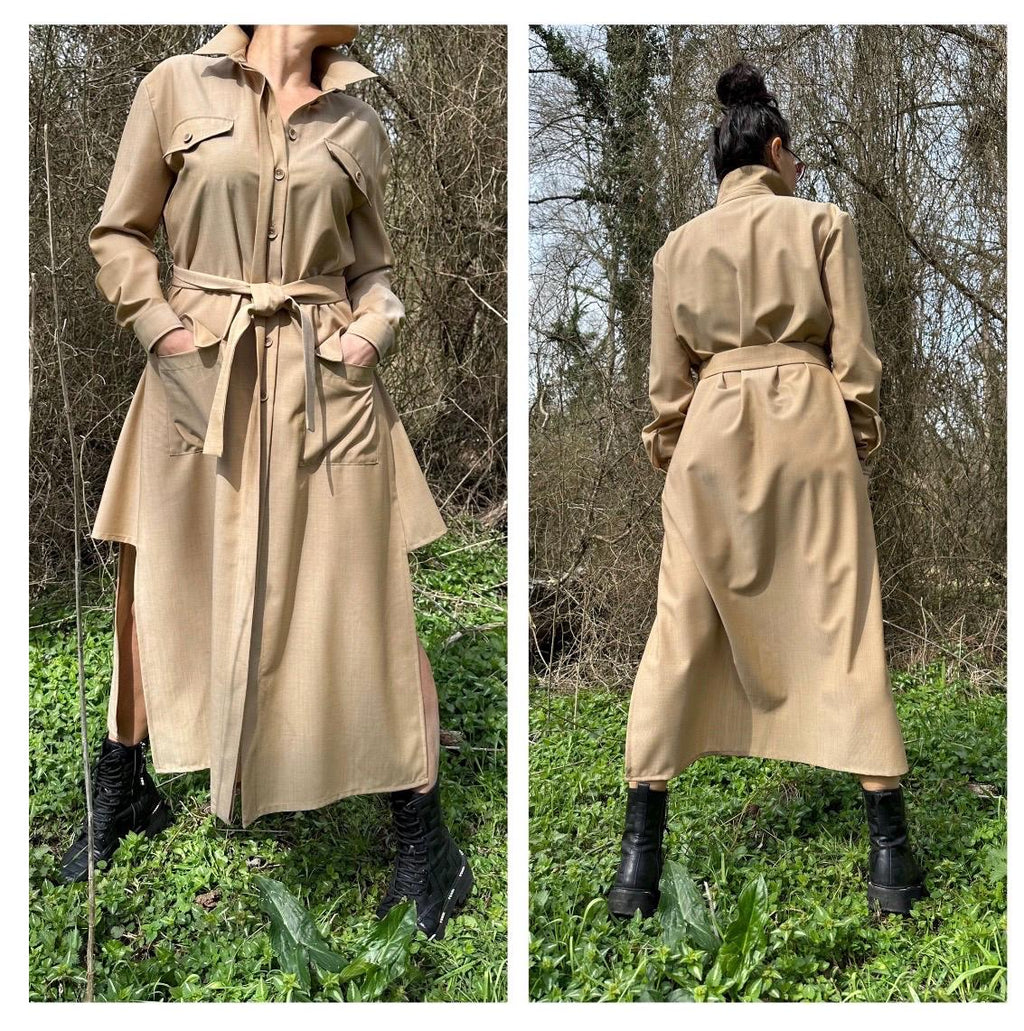 Grey Long Sleeve Shirt Dress: Belted Cotton-Blend Outwear