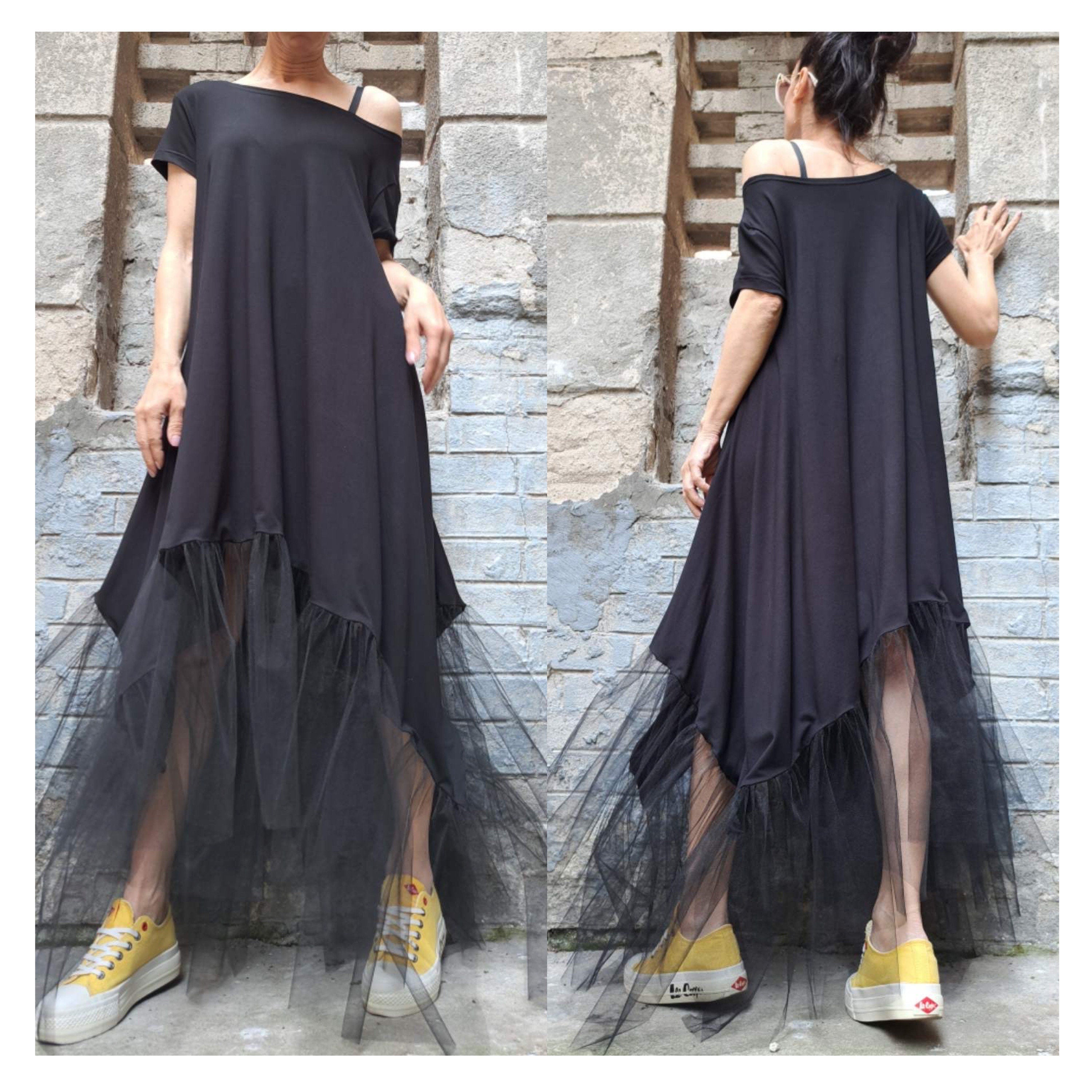 Black Asymmetrical Tulle Dress – Oversized Cotton Maxi Dress with Mesh Hem / Avant-Garde Loose Dress / Short Sleeve Kaftan  XS–5XL