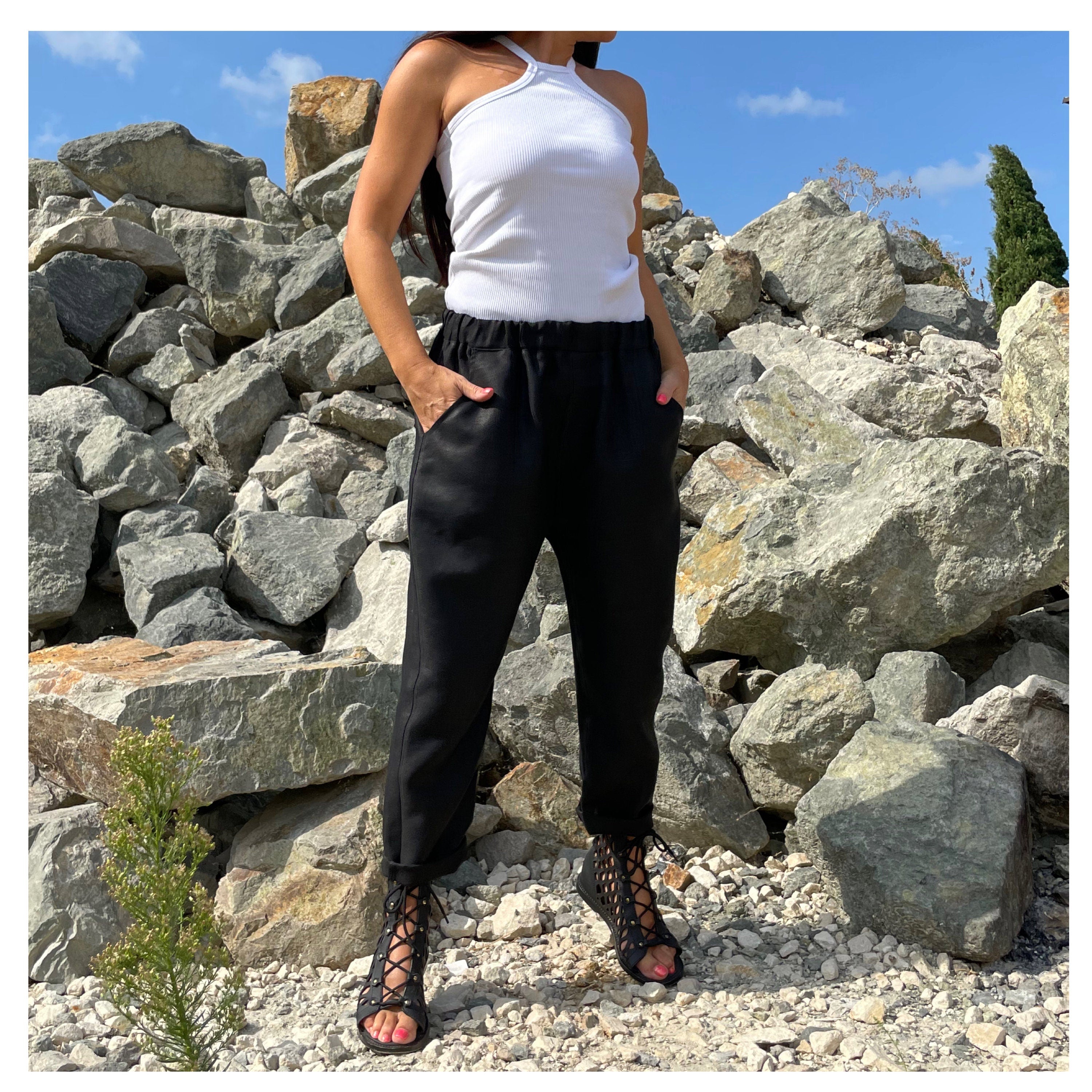 Women’s Black Linen Pants – High-Waist Drawstring Trousers with Pockets / Casual Summer Streetwear