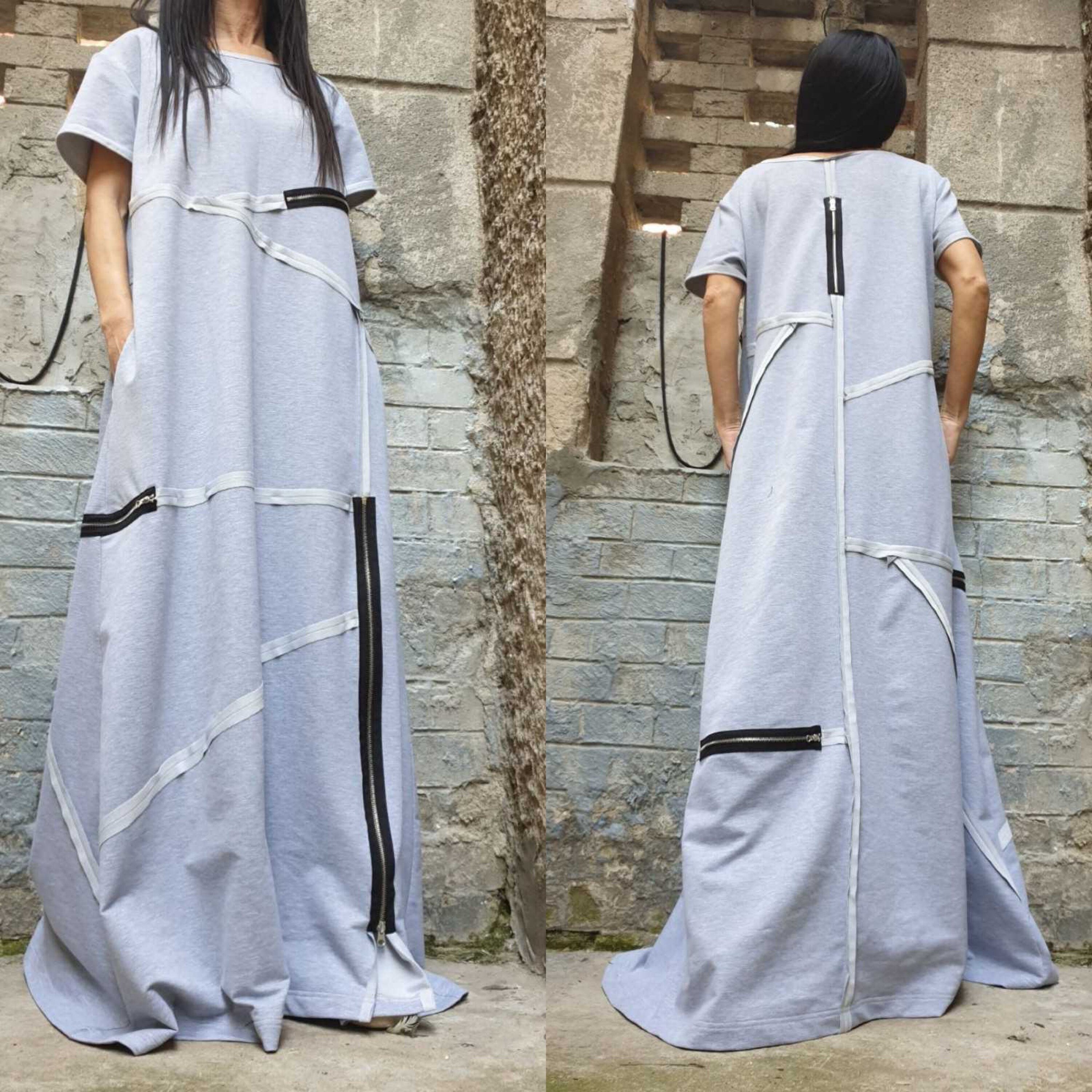 Grey Maxi Designer Dress – Avant-Garde Cut Dress with Zippers & Exposed Seams / Cotton Fleece Jersey / Oversized Architectural Dress XS–5XL