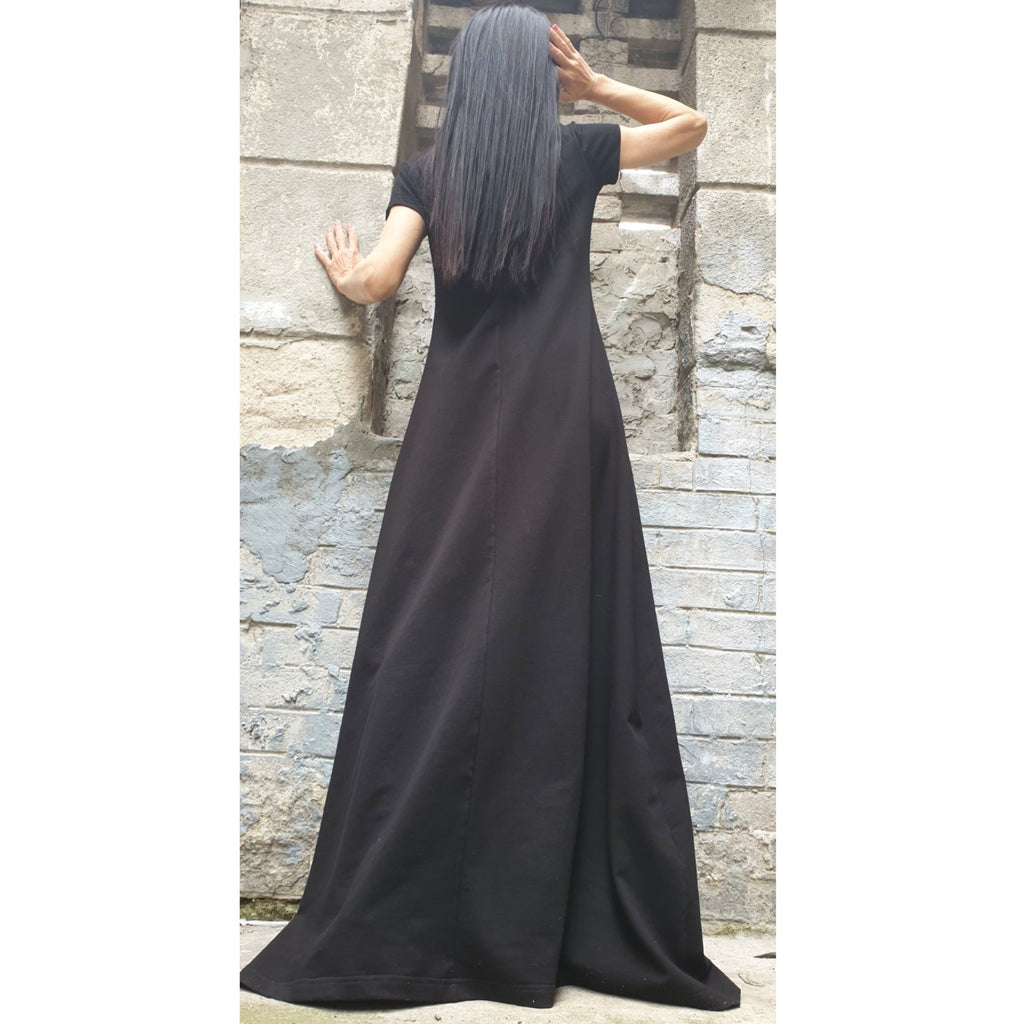 Asymmetric Maxi Black Dress – Long Cotton Dress with Side Slit / Urban Elegant Evening Dress / Short Sleeve Summer Dress