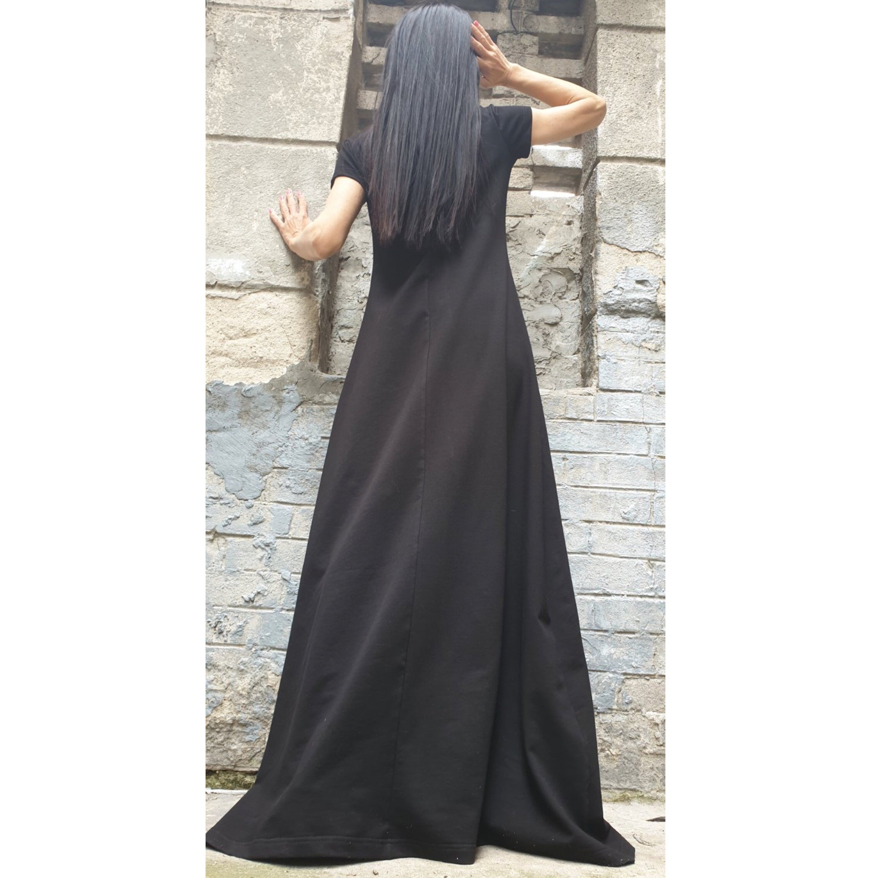 Asymmetric Maxi Black Dress – Long Cotton Dress with Side Slit / Urban Elegant Evening Dress / Short Sleeve Summer Dress