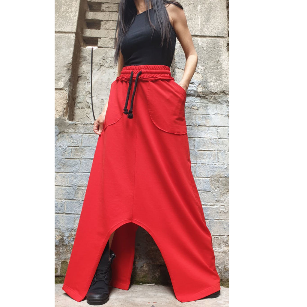 Asymmetrical Red Maxi Skirt / High Waist Cotton Skirt with Pockets / Avant-Garde Style