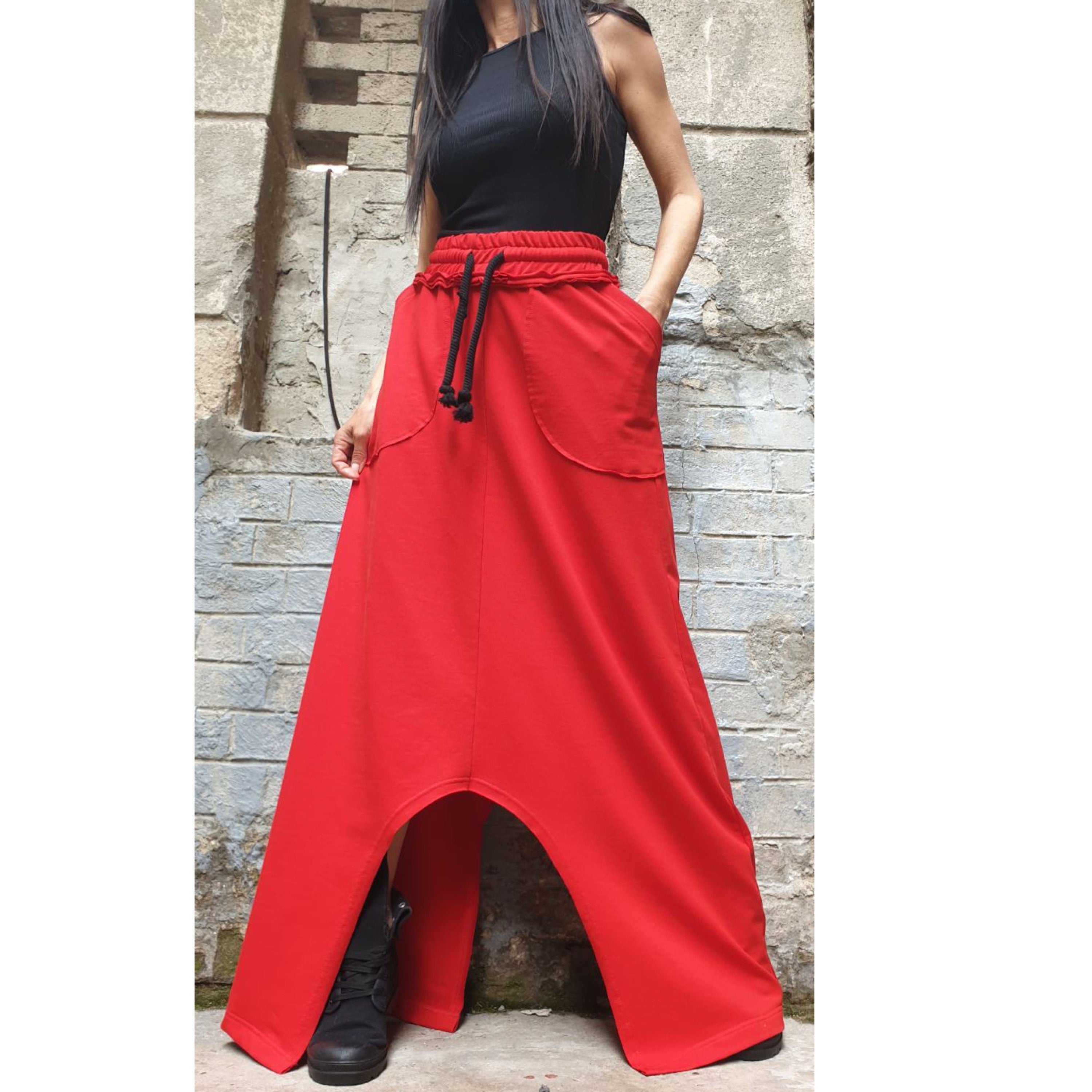 Asymmetrical Red Maxi Skirt / High Waist Cotton Skirt with Pockets / Avant-Garde Style