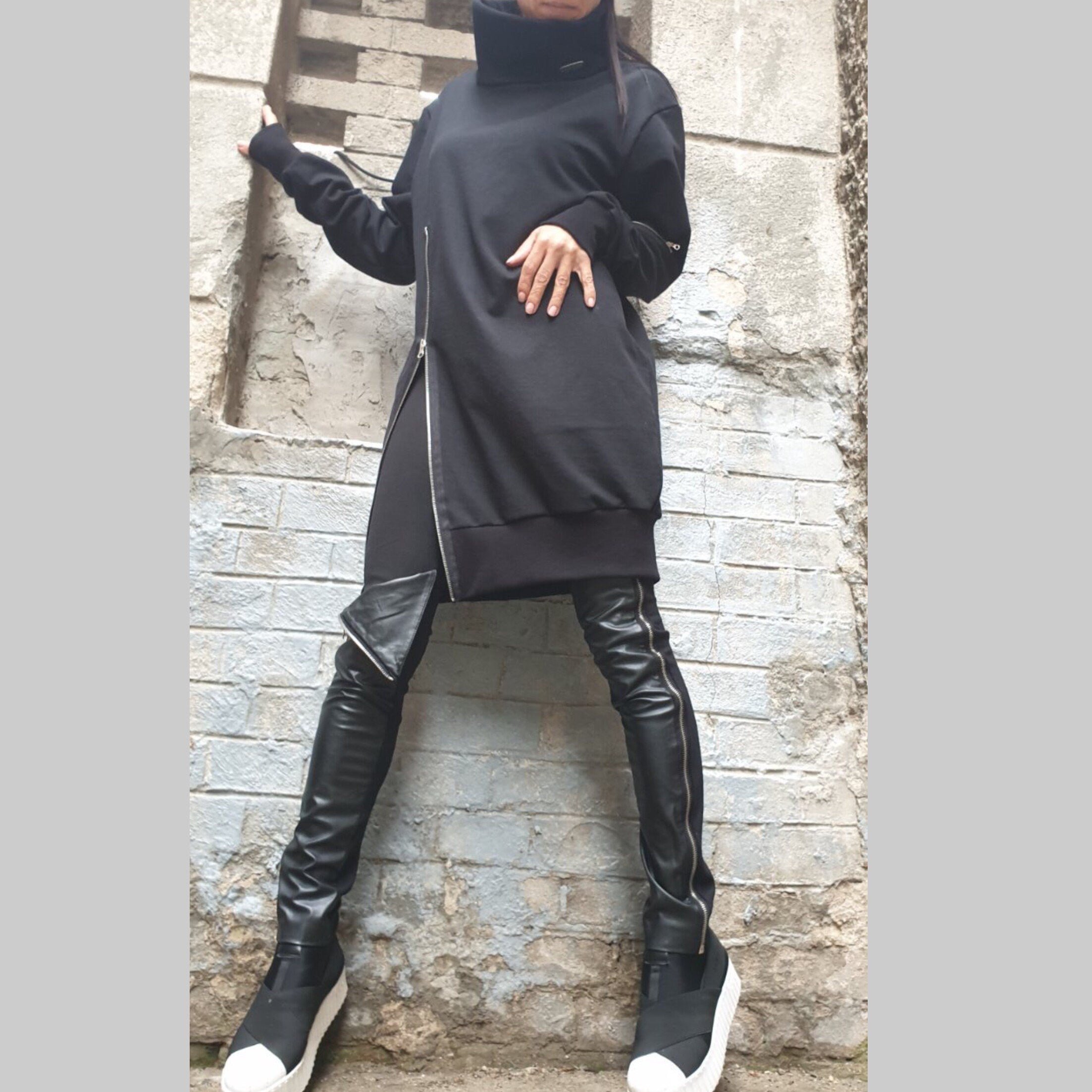 Asymmetric Black Cotton Tunic with Zipper / High Collar Long Blouse / Avant-Garde Urban Top for Women