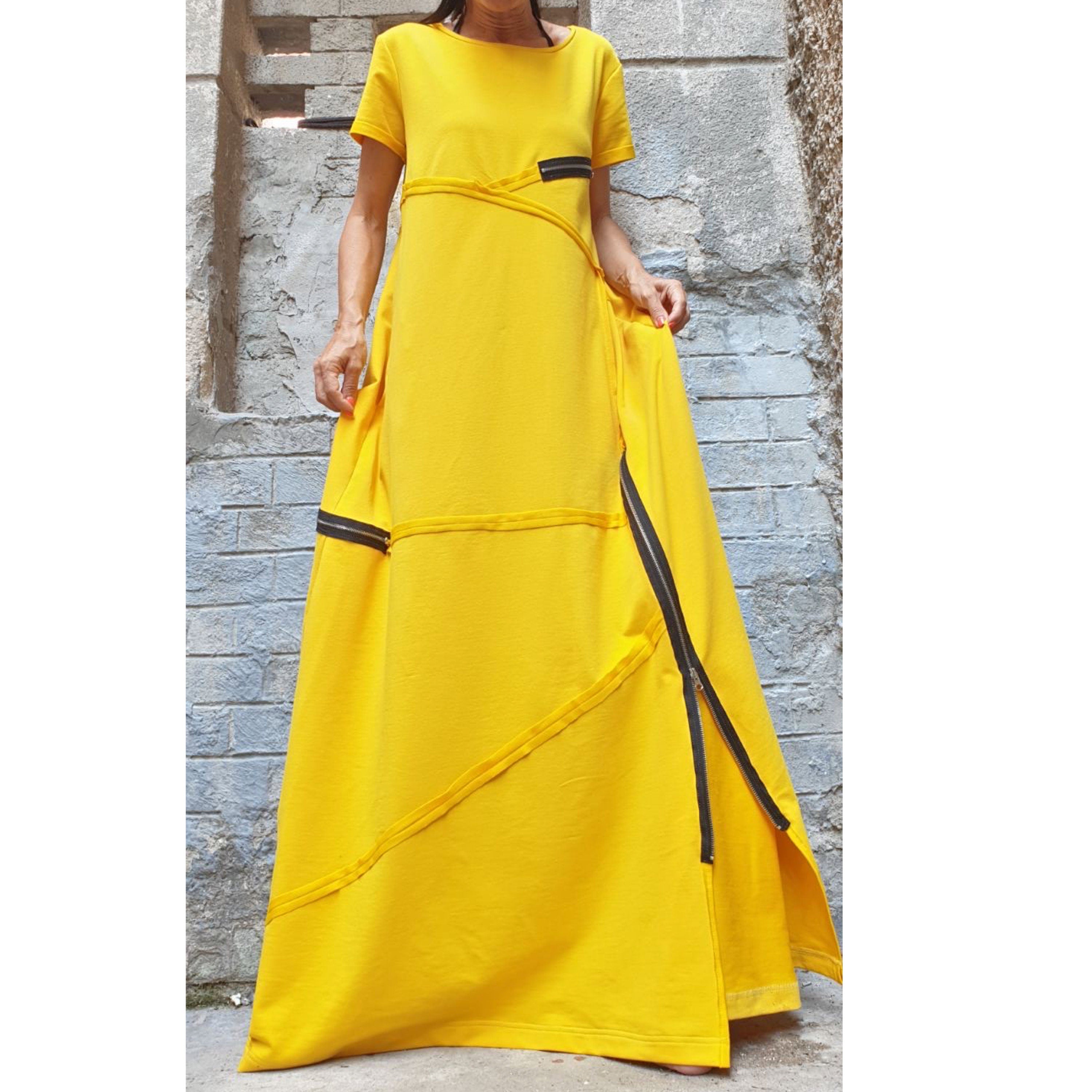 Yellow Maxi Dress – Loose Cotton Dress with Zippers / Short Sleeve Avantgarde Dress / Oversized Summer Dress / Designer Long Dress