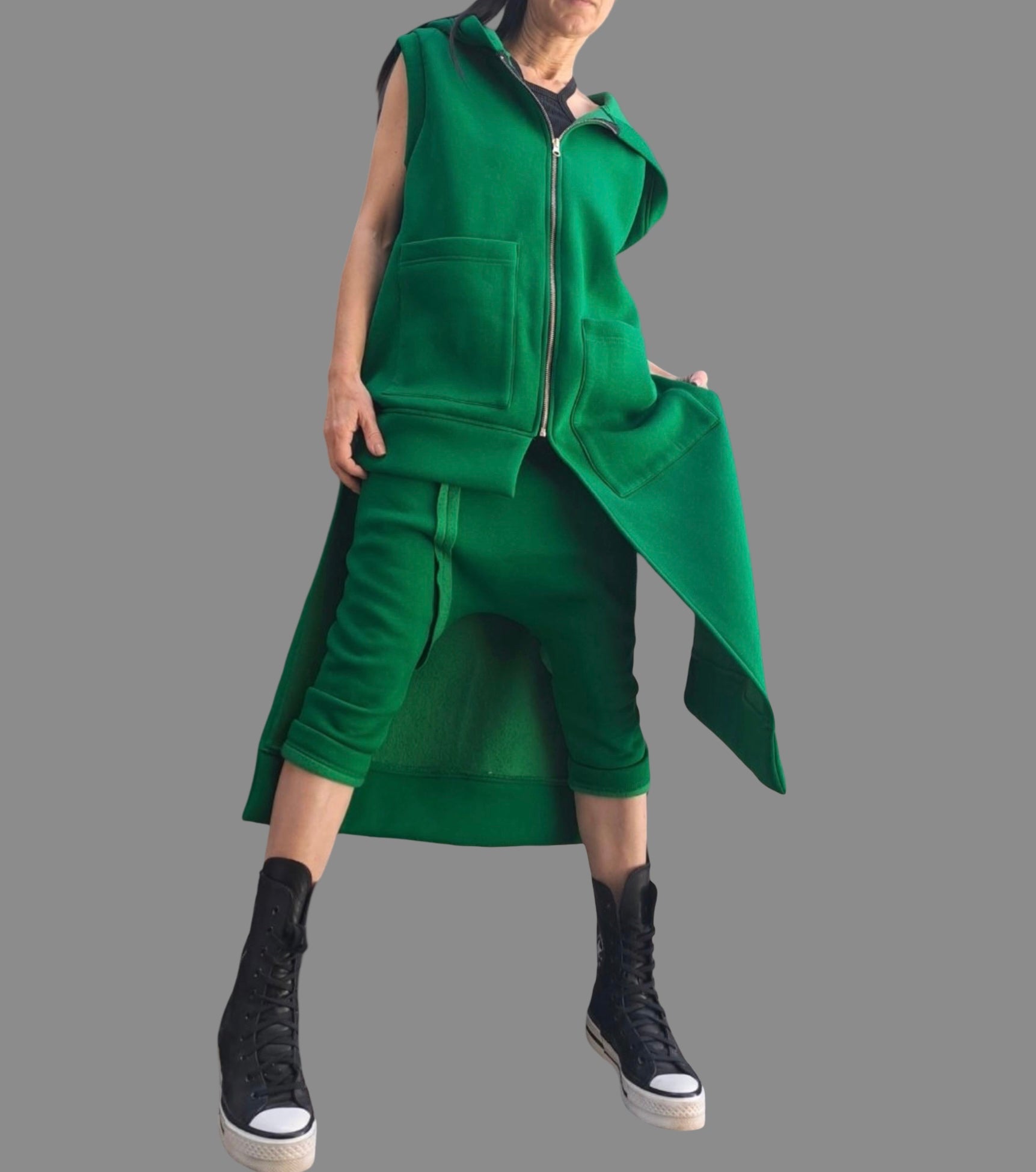 Asymmetric Green Vest & Pants Set / Winter Cotton Outfit with Hood / Three-Thread Fleece Tracksuit / Designer Women’s Set XS–5XL