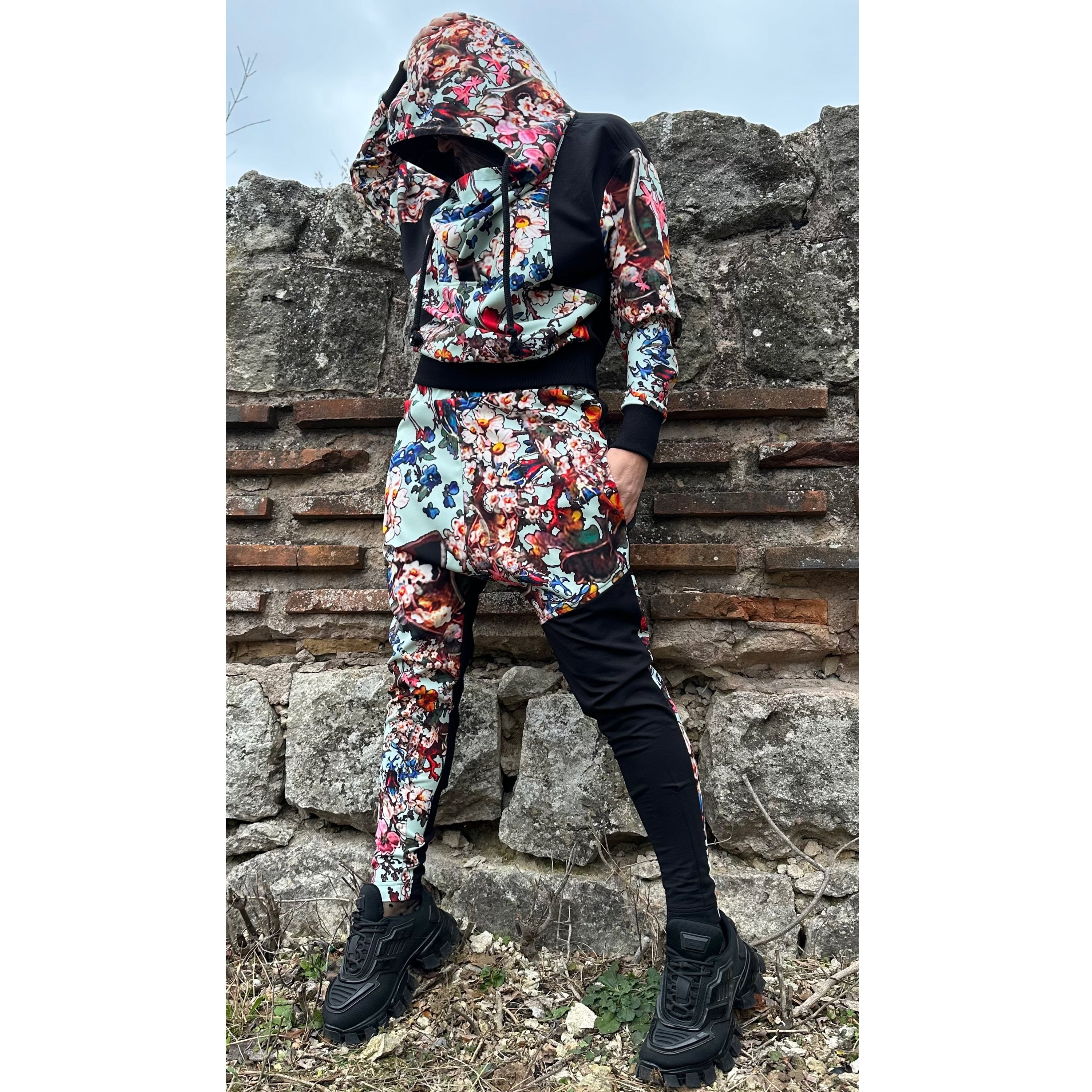 Women’s Neoprene Tracksuit – Hoodie and Joggers in Colorful Patchwork / Handmade Two-Piece  Аthleisure Set