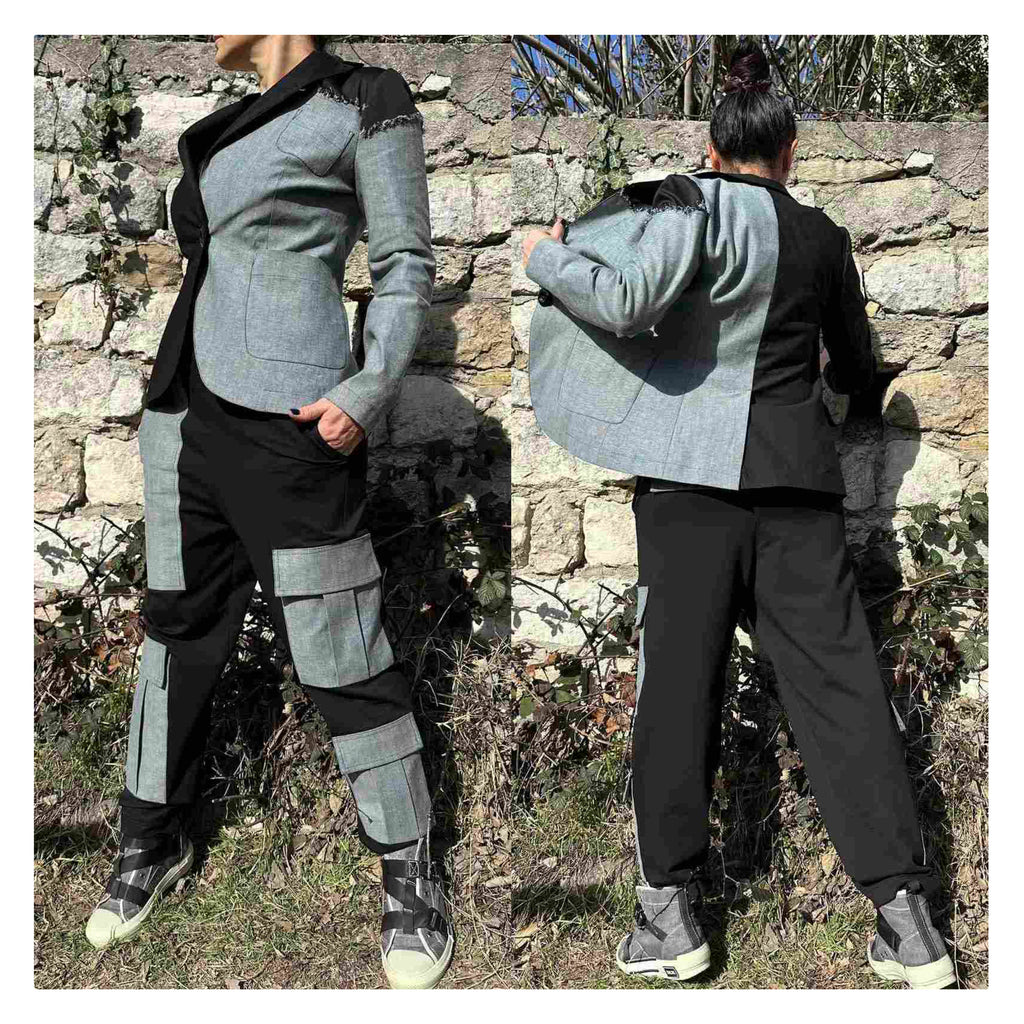 Women’s Two-Piece Suit – Cotton & Denim Blazer and Pants Set / Asymmetric Urban Style