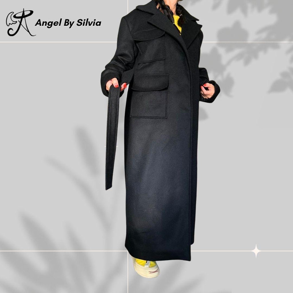 Black Wool Blend Belted Trench Coat: Classic Winter Style