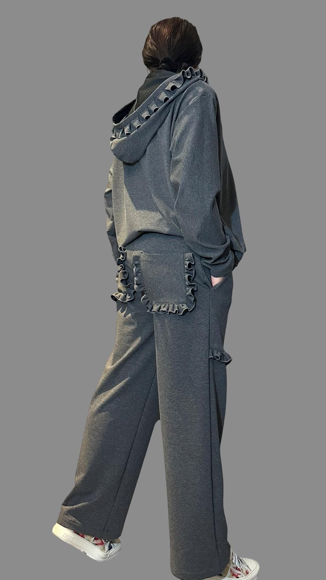 Ruffle Trim Cotton Tracksuit /  Asymmetric Hoodie & High-Waisted Pants / Two-Piece Women’s Streetwear Set