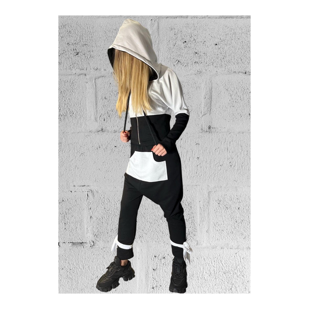 Black & White Avant-Garde Tracksuit Set / Harem Pants and Cropped Zip Hoodie / Handmade Urban Look