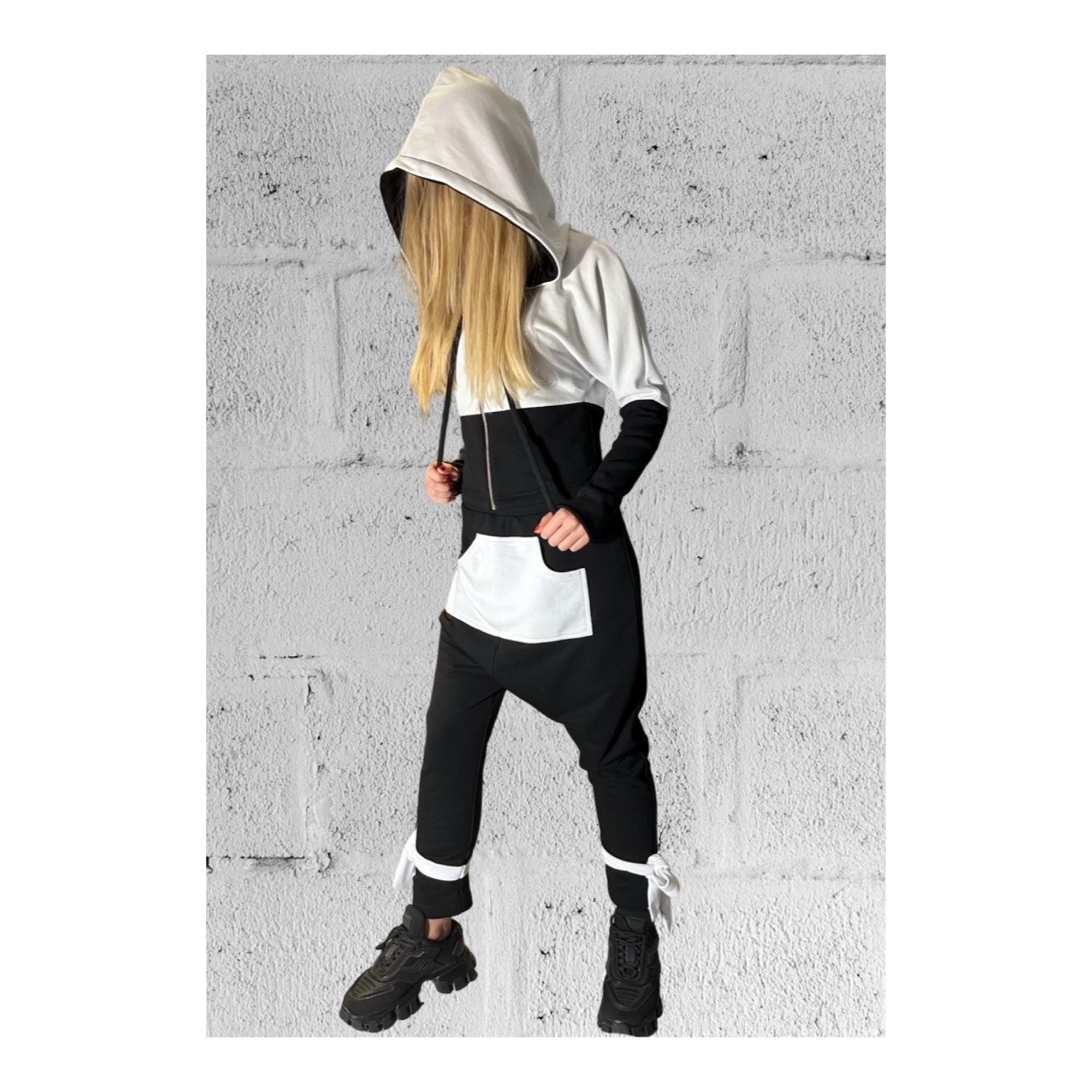 Black & White Avant-Garde Tracksuit Set / Harem Pants and Cropped Zip Hoodie / Handmade Urban Look