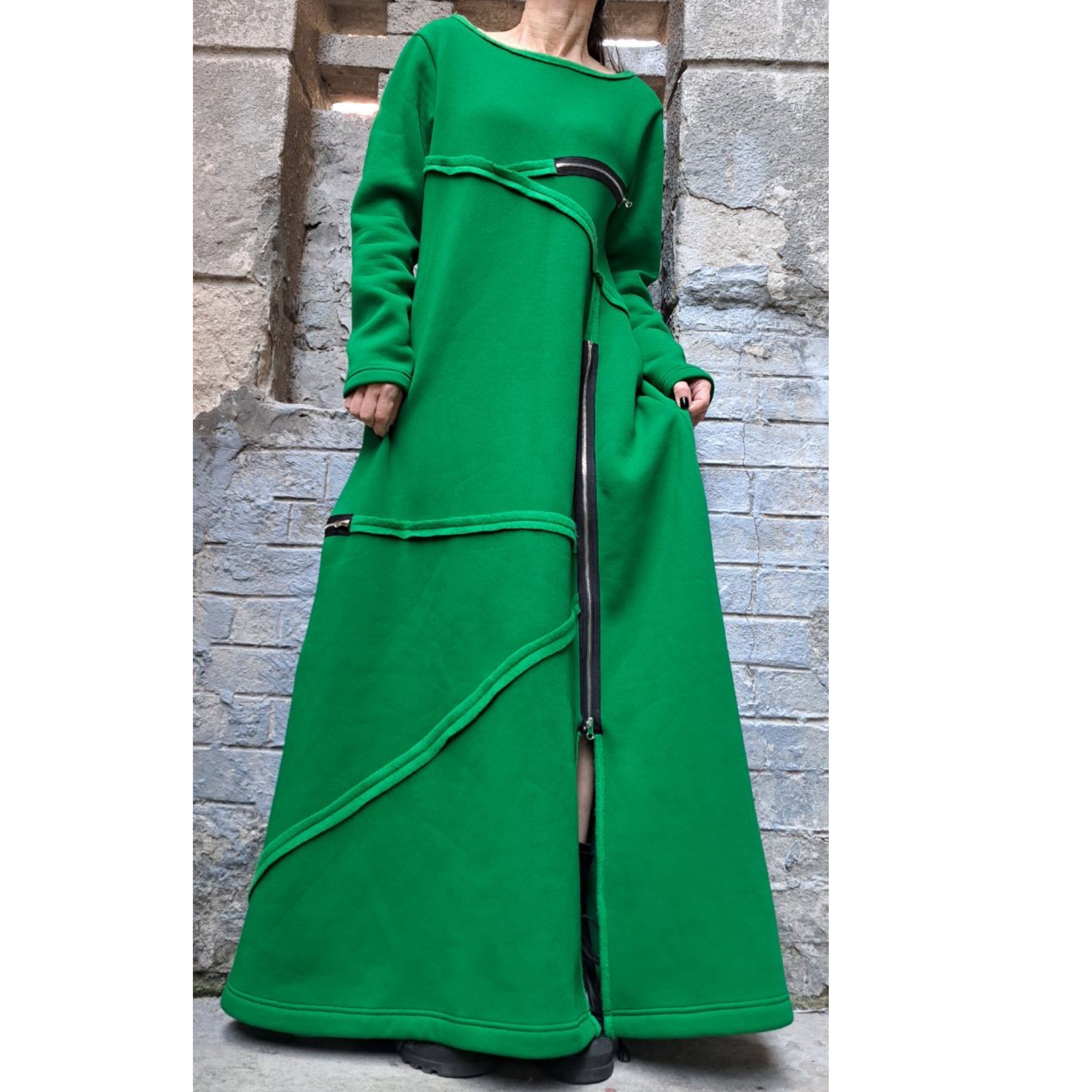 Winter Long Maxi Dress – Avant-Garde Asymmetric Warm Fleece Dress with Zippers / Green Three-Thread Cotton Sweatshirt Dress / Oversized Casu