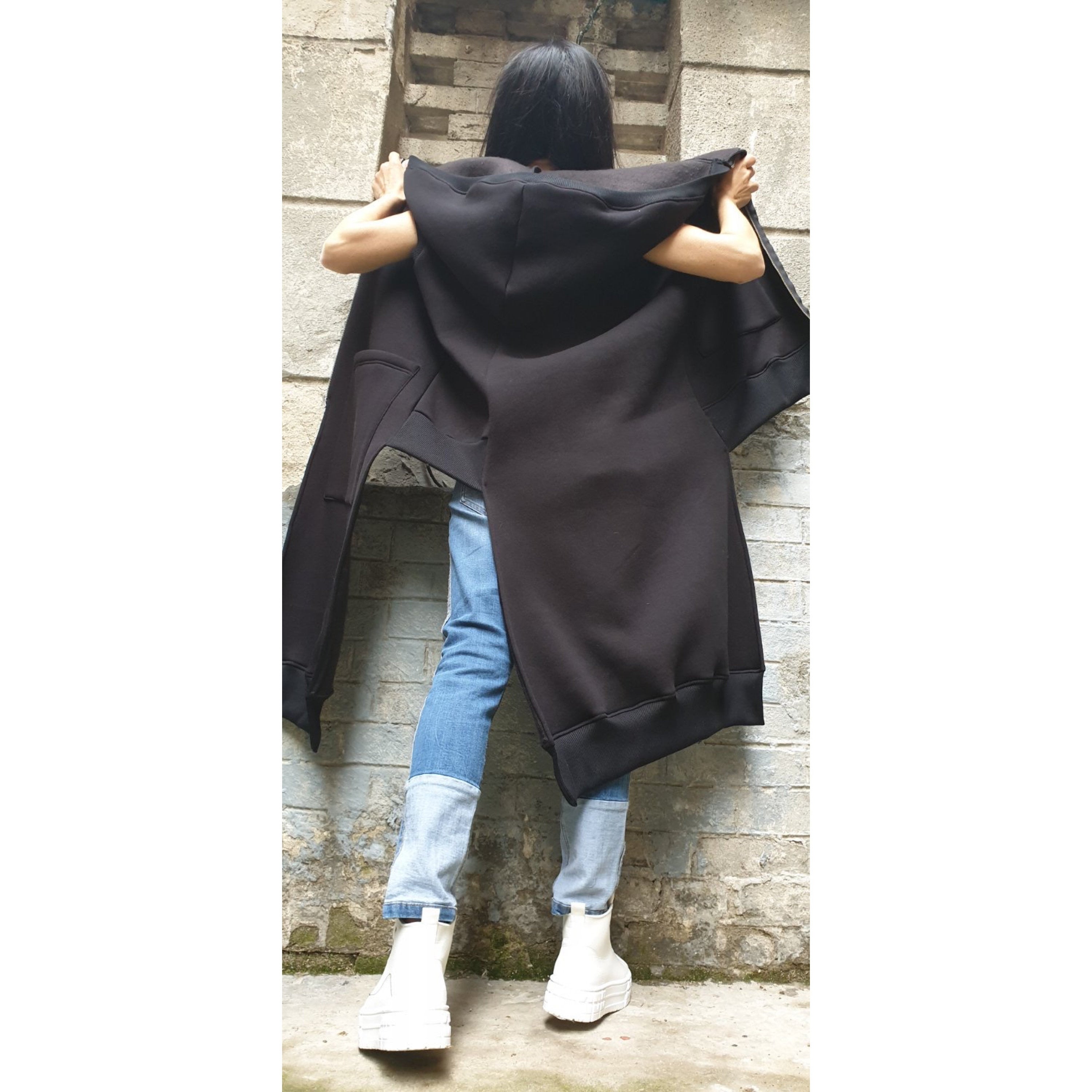 Asymmetric Hooded Vest – Long Sleeveless Fleece Coat with Zipper and Front Pockets