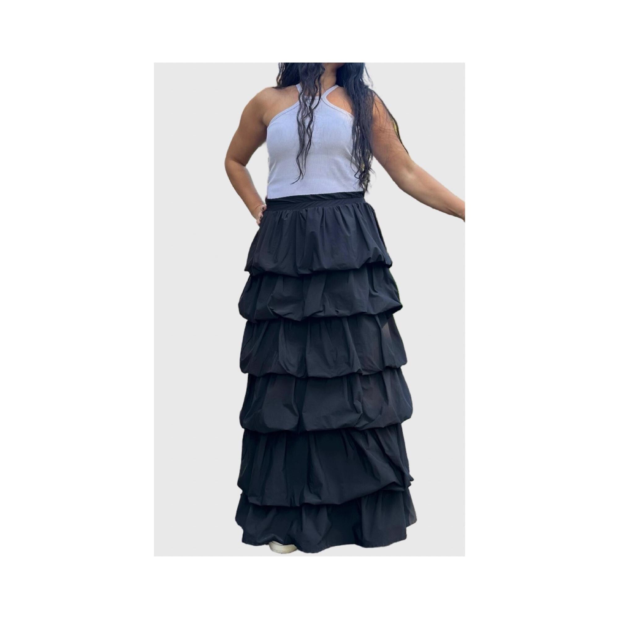 Black Ruffled Maxi Skirt – High Waist Lightweight Nylon with Elastic Tiers