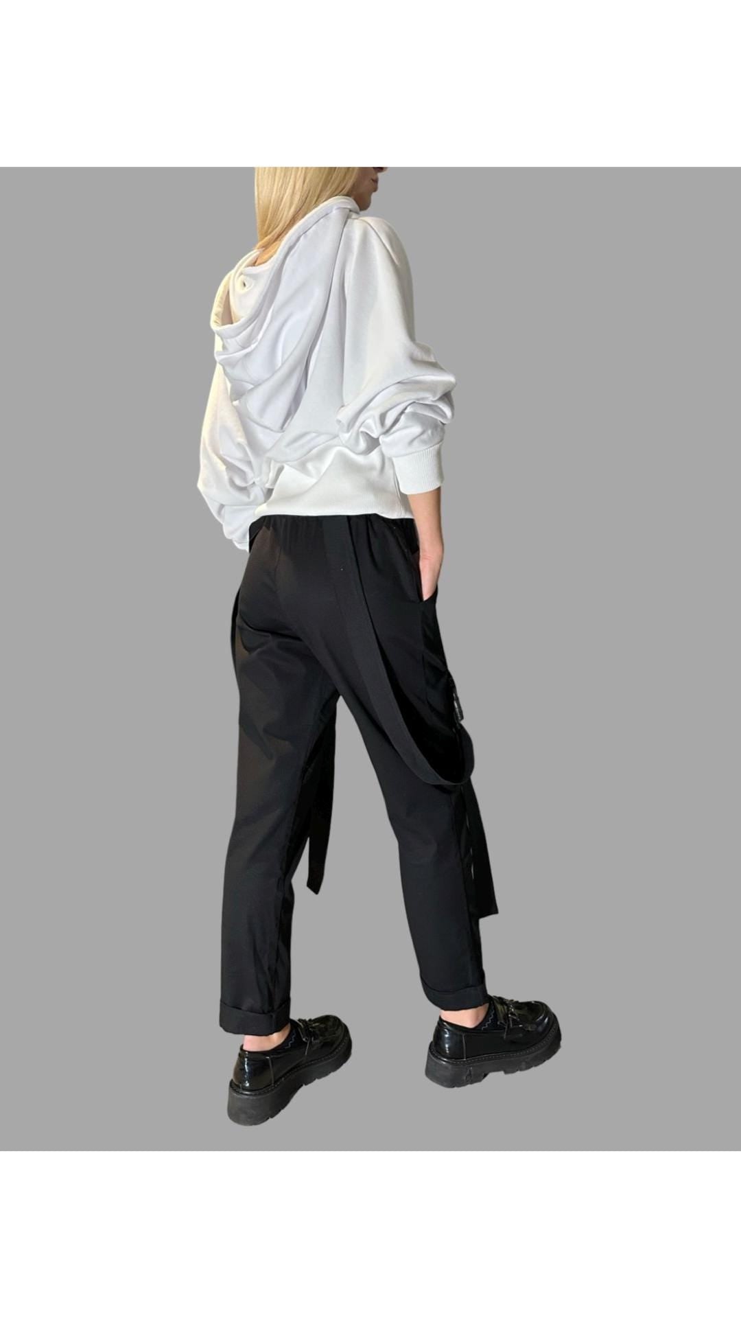 Women’s Black Casual Pants with Straps / Cotton Trousers with Elastic Waist and Buckles / Urban Everyday Pants