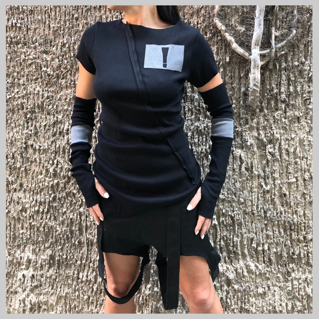 Asymmetric Black Cotton Rib Top with Detachable Sleeves – Avant-Garde Short Sleeve Blouse