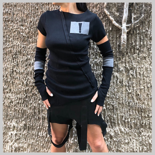 Asymmetric Black Cotton Rib Top with Detachable Sleeves – Avant-Garde Short Sleeve Blouse