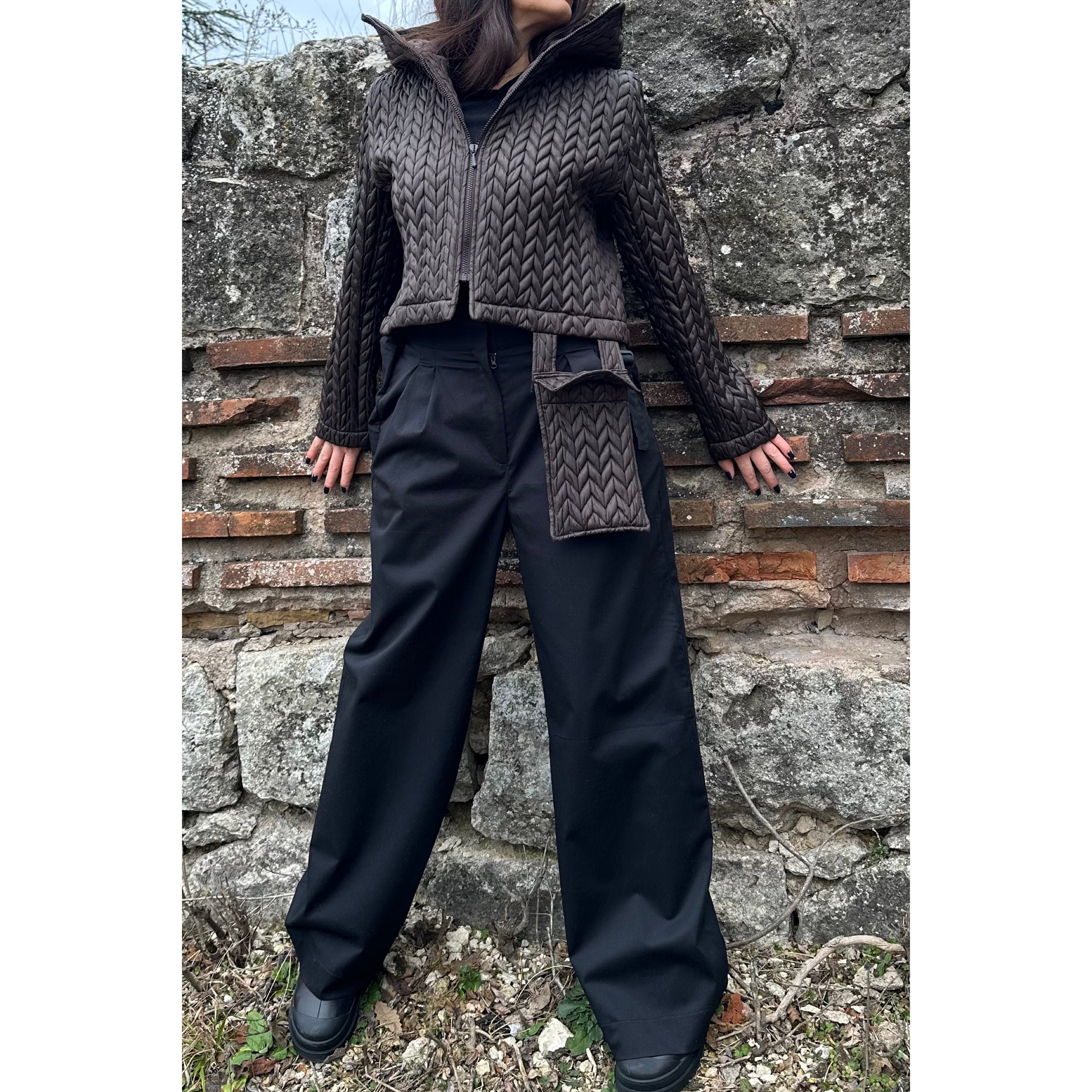 Brown Quilted Neoprene Jacket with Hood and Zipper – Asymmetric Designer Coat