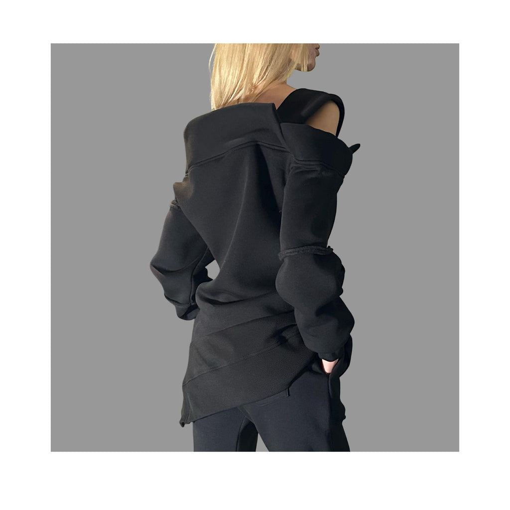 Black Asymmetric Winter Blouse with One Shoulder / Avant-Garde Cotton Top with External Seams