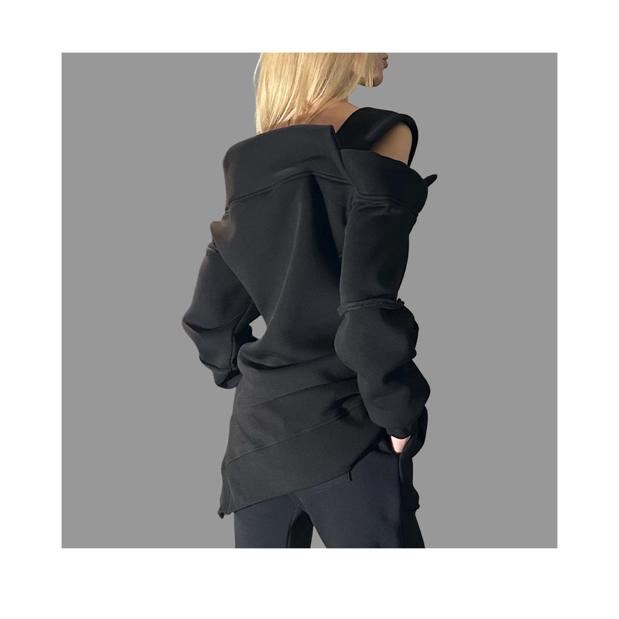 Black Asymmetric Winter Blouse with One Shoulder / Avant-Garde Cotton Top with External Seams