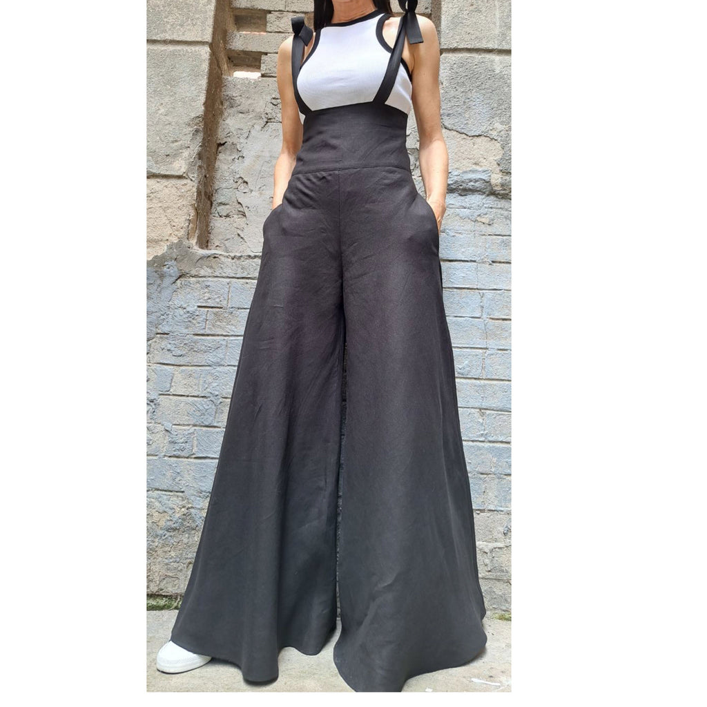 High-Waisted Linen Palazzo Pants with Straps – Wide Leg Linen Trousers for Women / Adjustable Tie Straps , Side Pockets , Zipper Closure