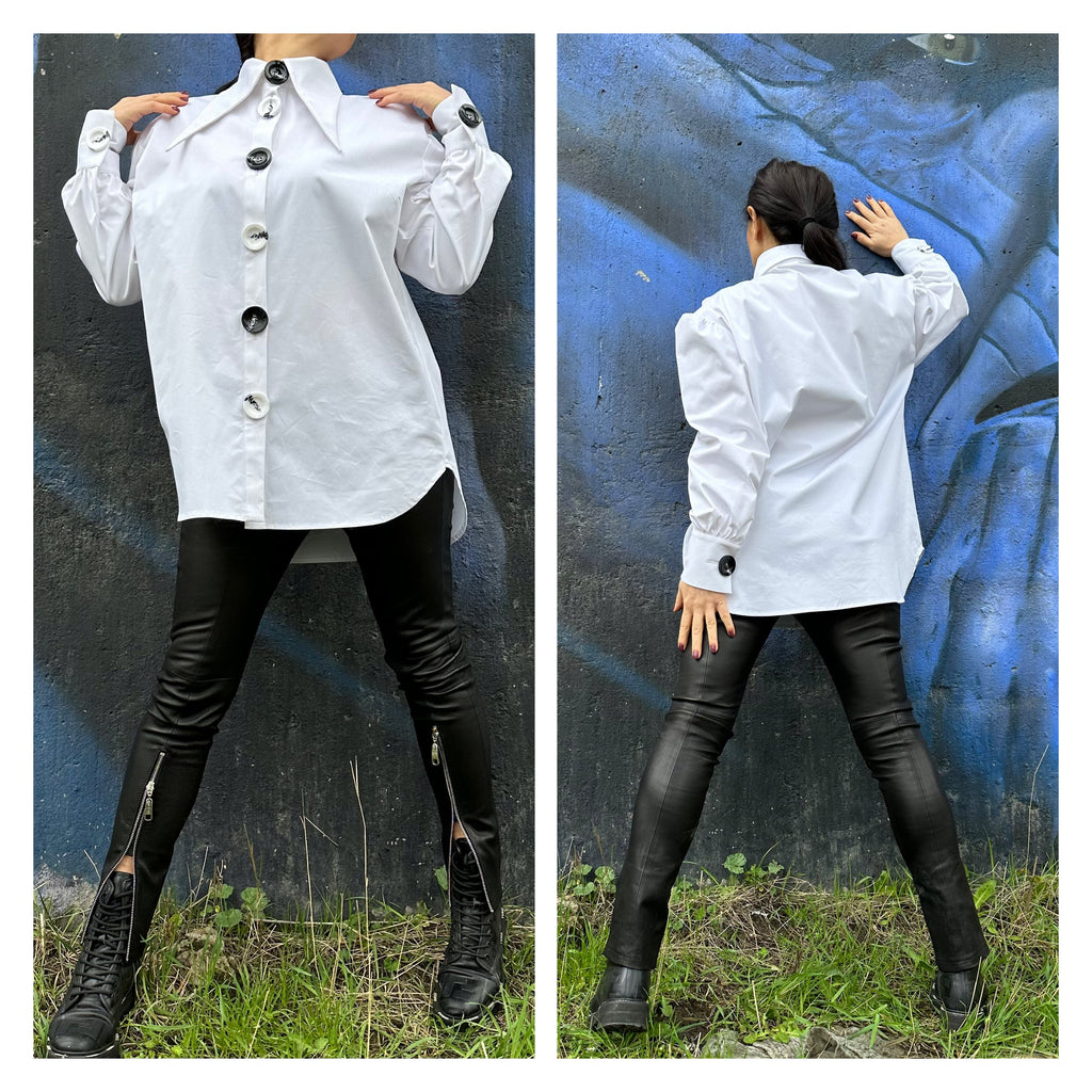 Extravagant White Cotton Shirt: Long Sleeve High Neck Button Shirt