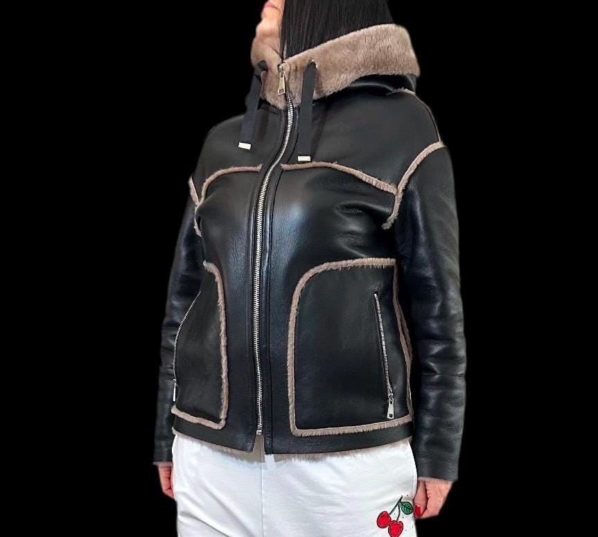 Women’s Hooded Shearling Coat  Dark Brown Lambskin Winter Jacket / Warm Handmade Leather Outerwear