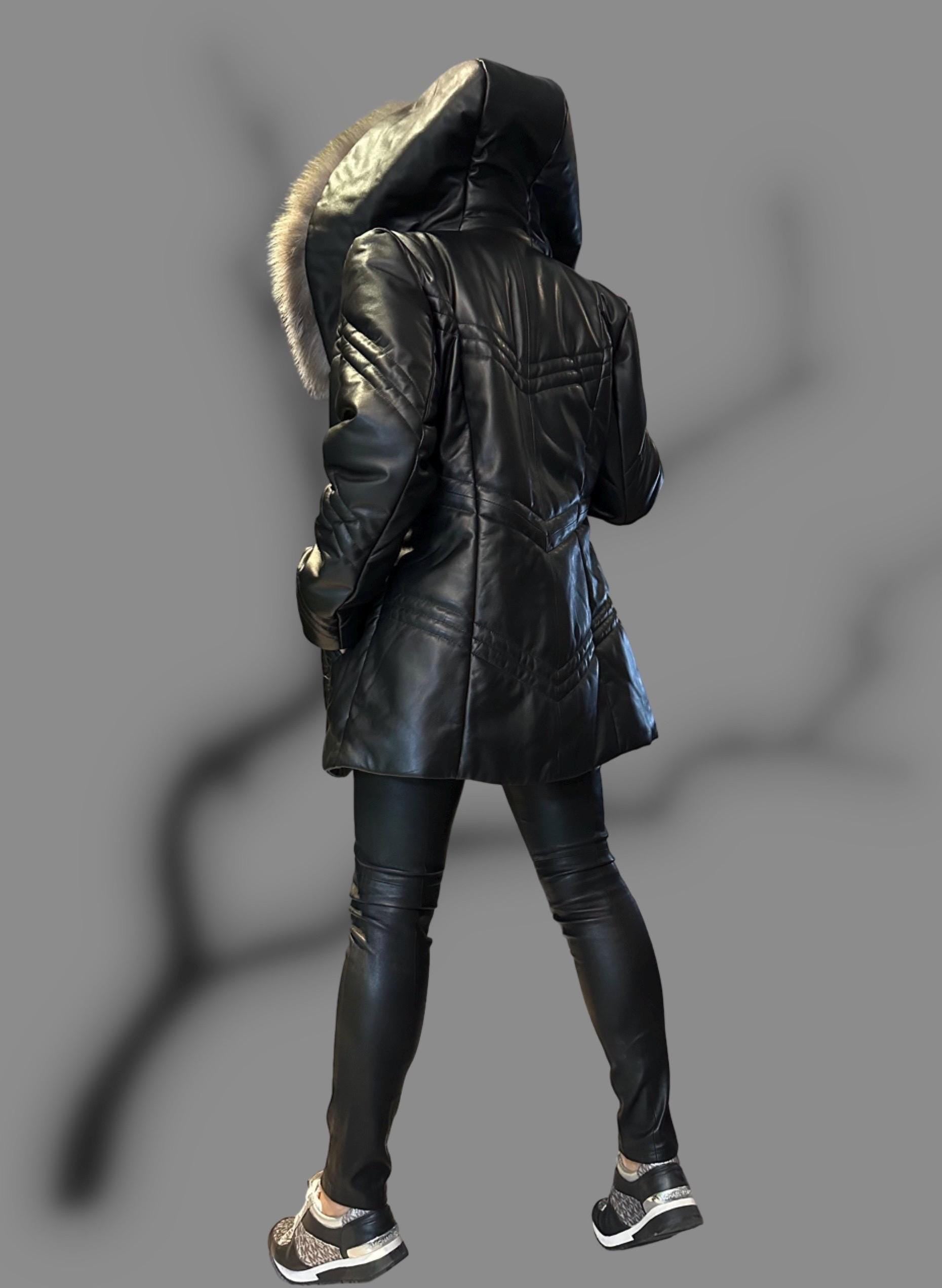 Women’s Real Lambskin Leather Coat with Genuine Fox Fur Hood / Winter Luxury Shearling Jacket / Warm Handmade Leather Outerwear