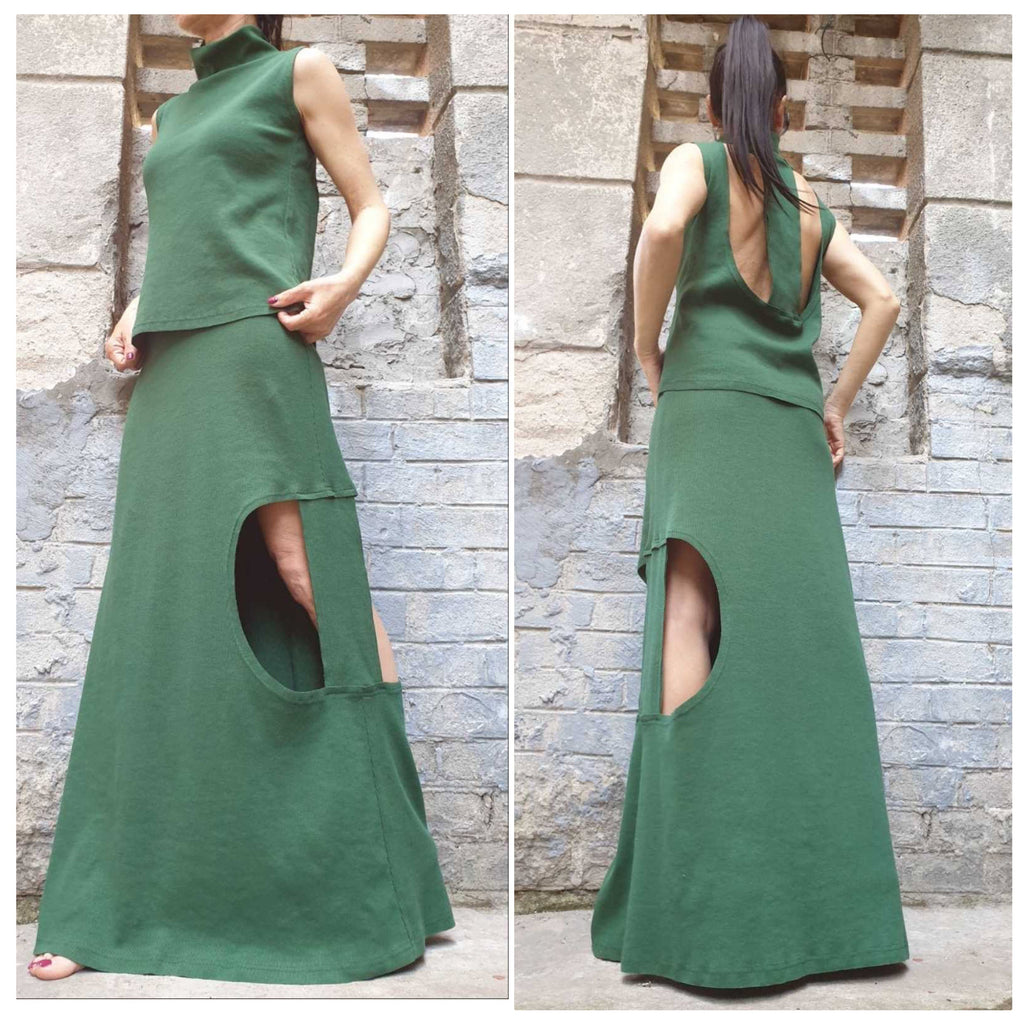 Green Cotton Two Piece Set – Sleeveless Open Back Top & High Waist Maxi Skirt / Modern Avant-Garde Summer Outfit