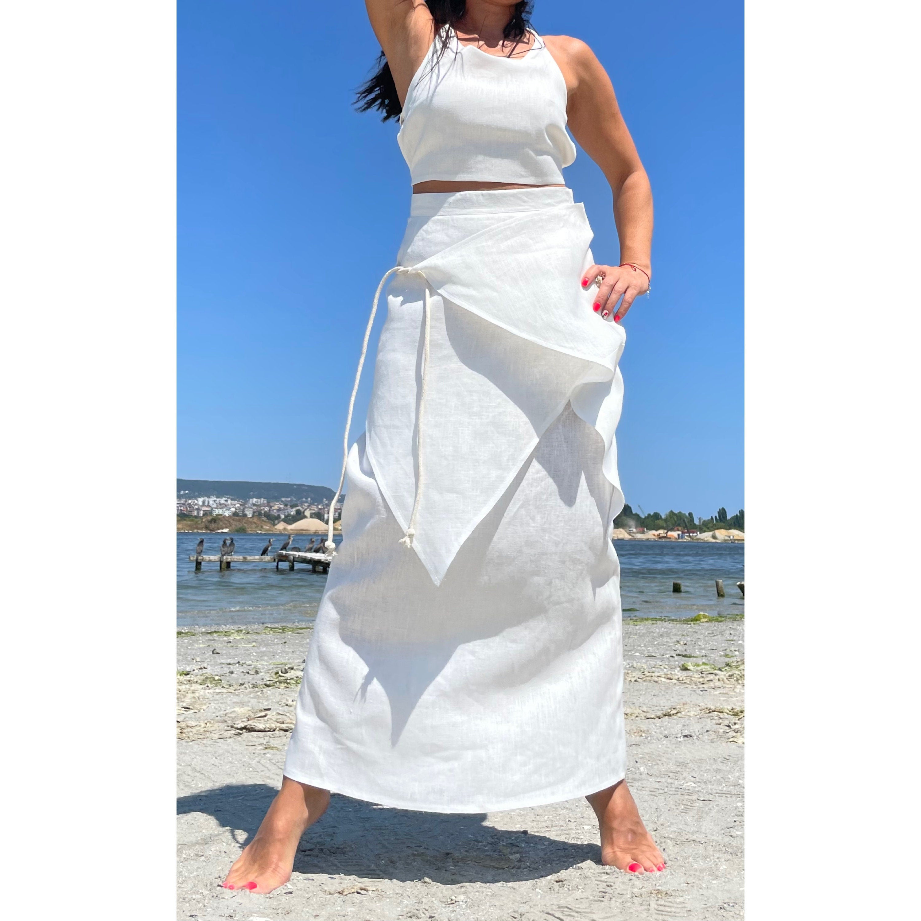 Asymmetrical High-Waisted White Linen Skirt with Wrap Tie Panels – Handmade Minimalist Summer Skirt