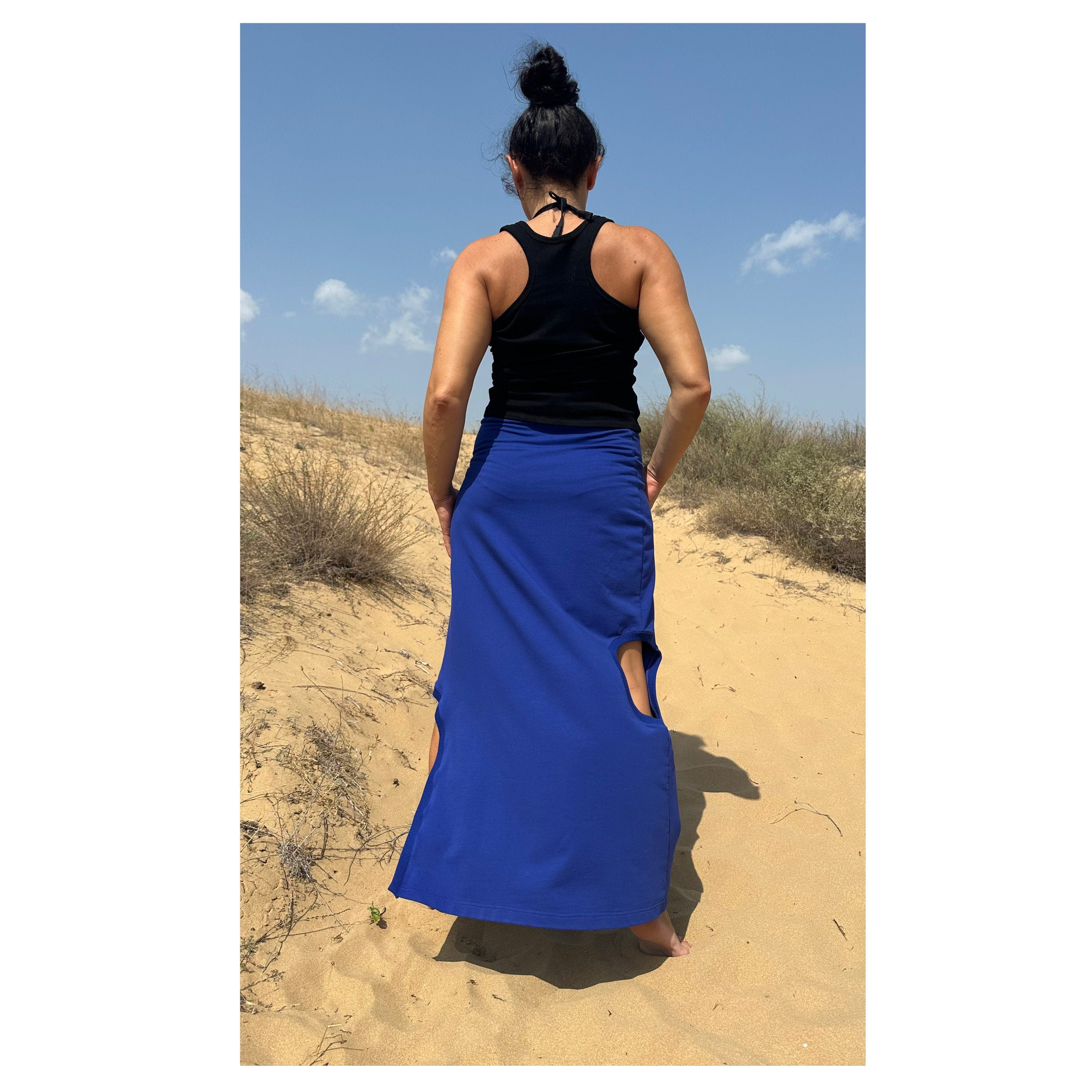 High-Waisted Cotton Skirt – Blue Maxi Skirt with Side Cut-Out and Slit / Handmade Summer Fashion