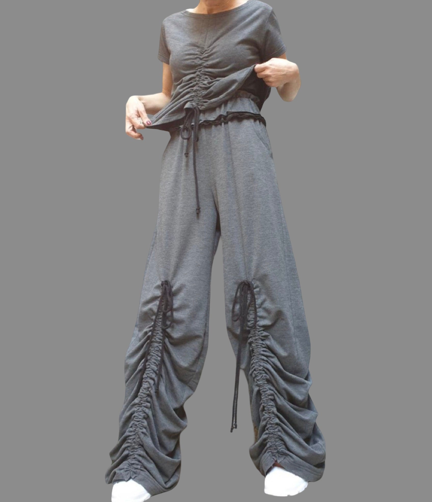 Dark Grey Cotton Women's Set: Asymmetric Blouse & High Waist Pants