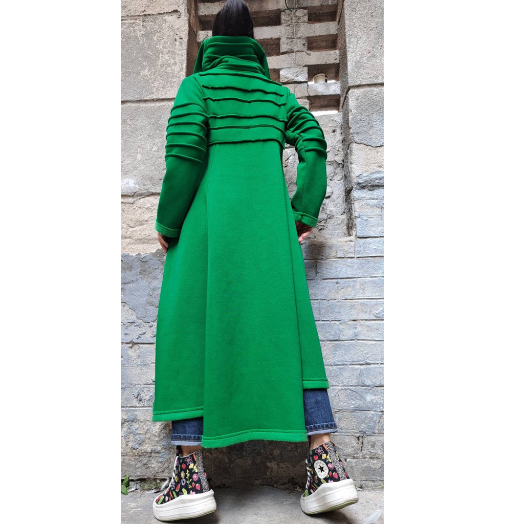 Avant-Garde Green Winter Coat for Women – Asymmetric Fleece Maxi Coat with High Collar / Long Warm Coat / Designer Statement Outerwear