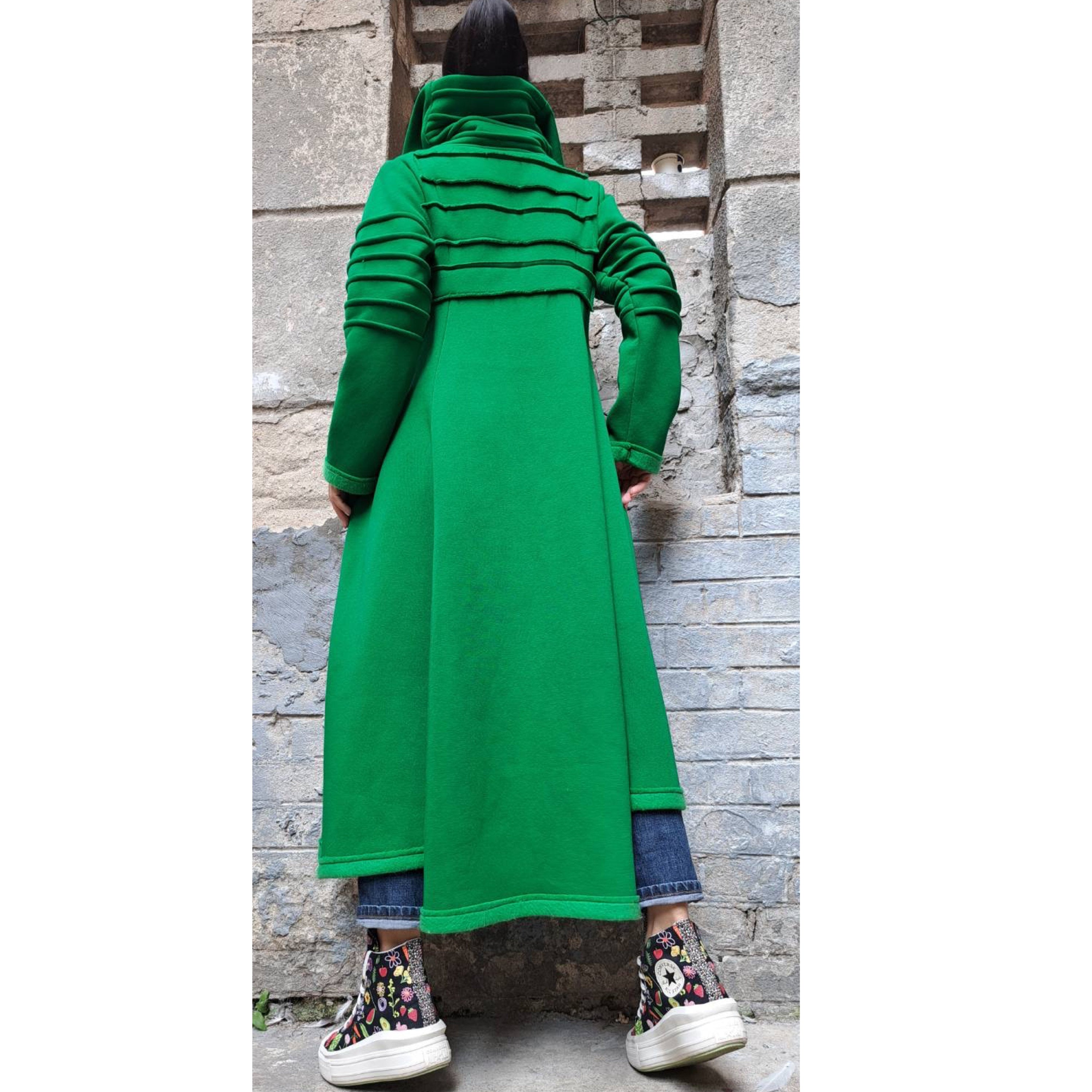 Avant-Garde Green Winter Coat for Women – Asymmetric Fleece Maxi Coat with High Collar / Long Warm Coat / Designer Statement Outerwear
