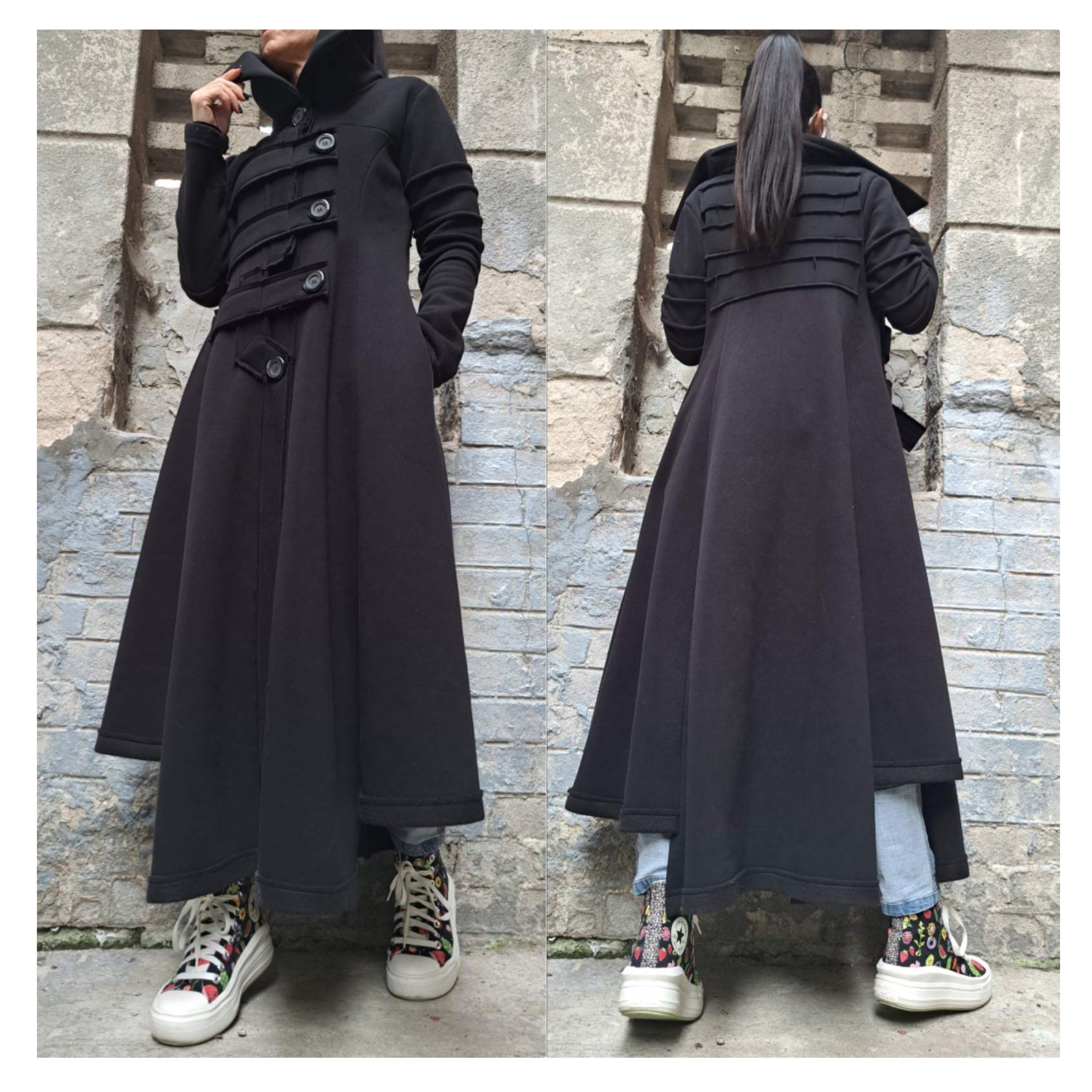 Asymmetric Black Cotton Coat with High Collar – Avant-Garde Long Jacket for Urban Style