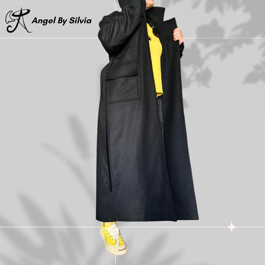 Black Wool Blend Belted Trench Coat: Classic Winter Style