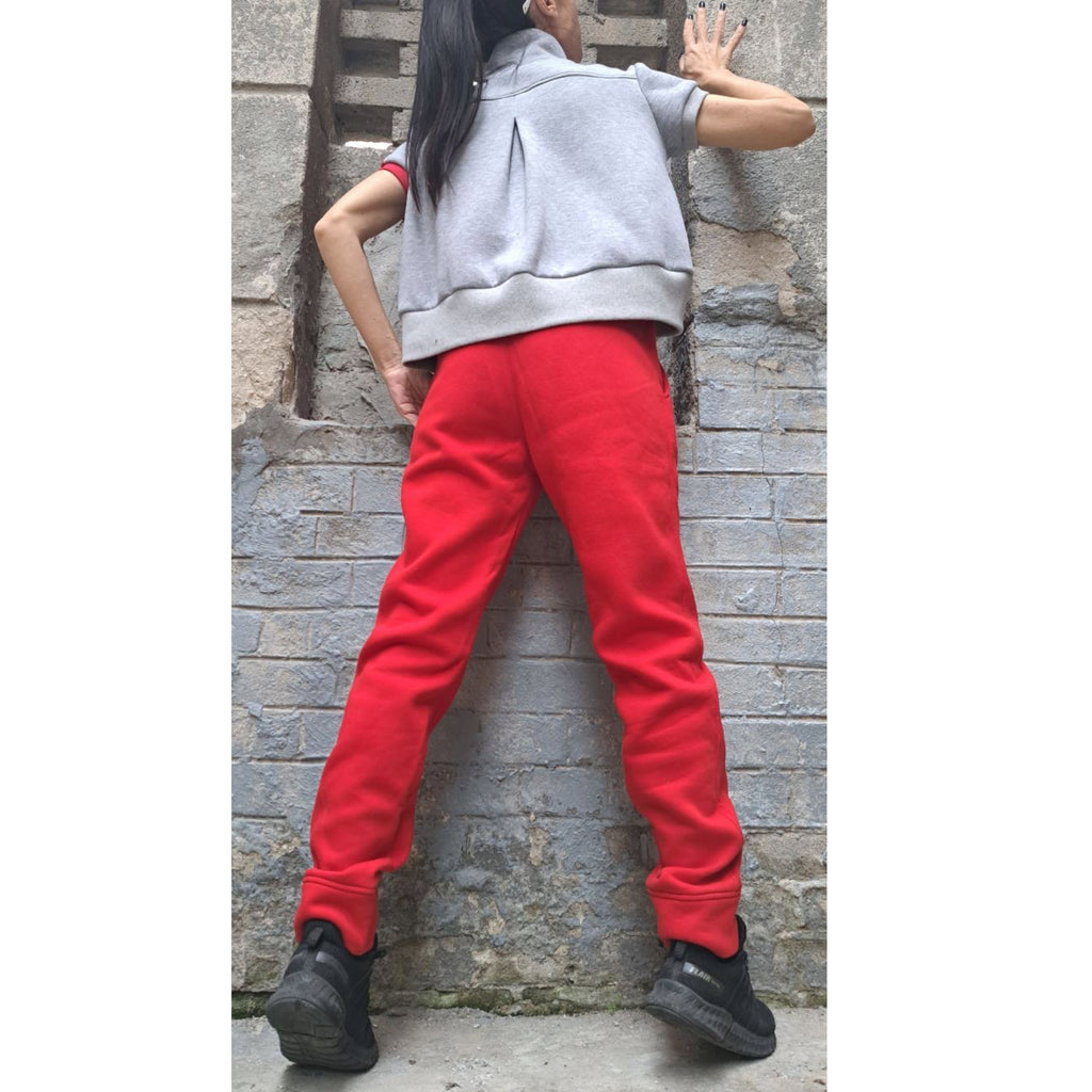 Red & Gray Tracksuit Set: High Waist Pants, Short Sleeve Top